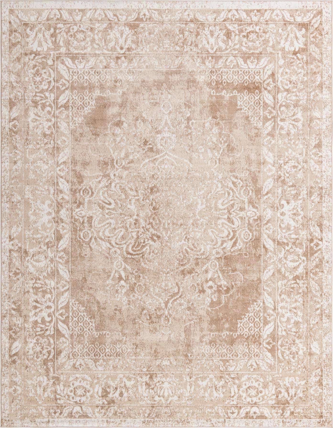 A 10x14 rectangular Oxford Collection rug featuring a distressed traditional medallion pattern in shades of brown, tan, and ivory.