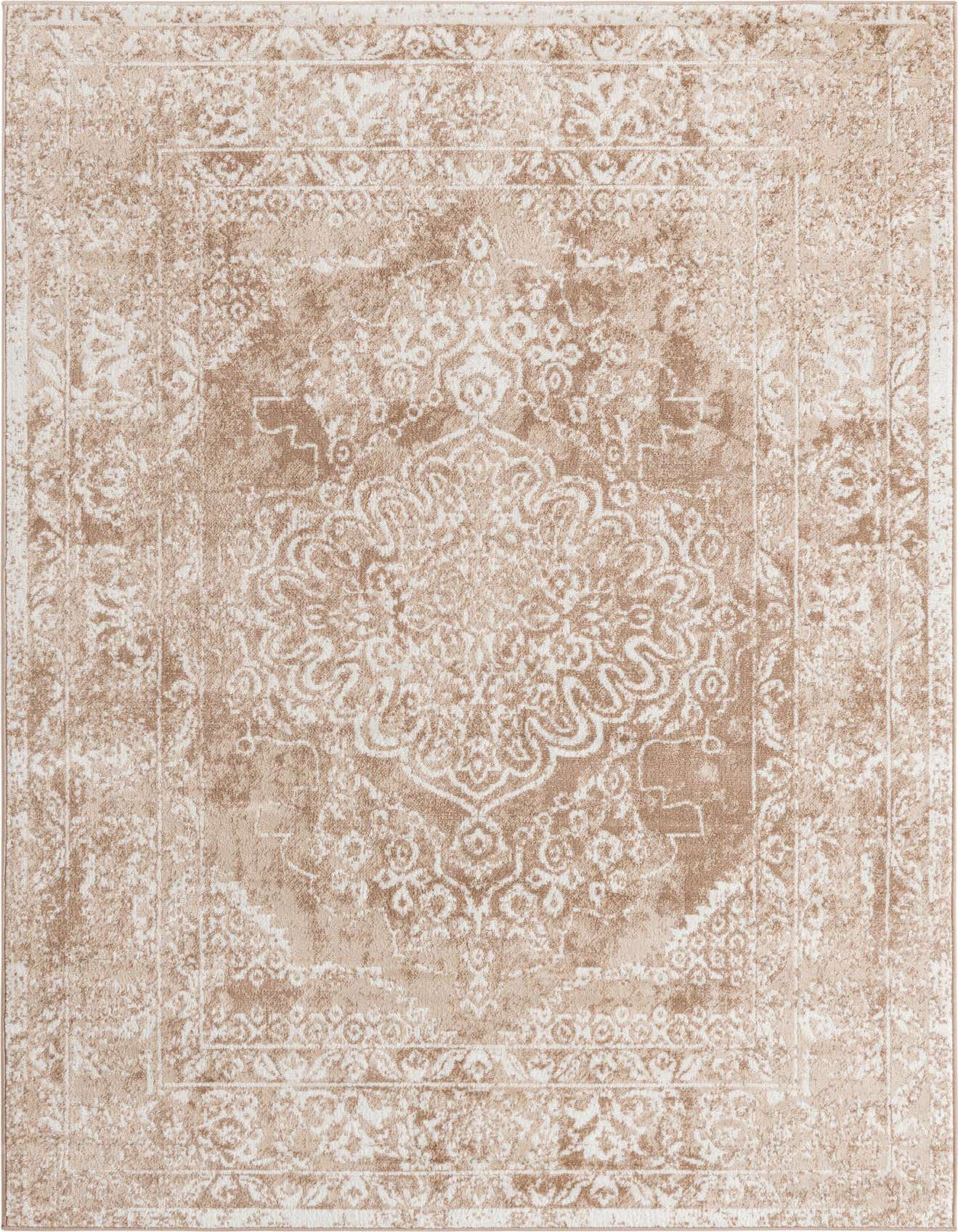 A 6x9 rectangular Rugs.com Oxford rug featuring a distressed traditional medallion pattern in shades of brown, tan, and ivory.