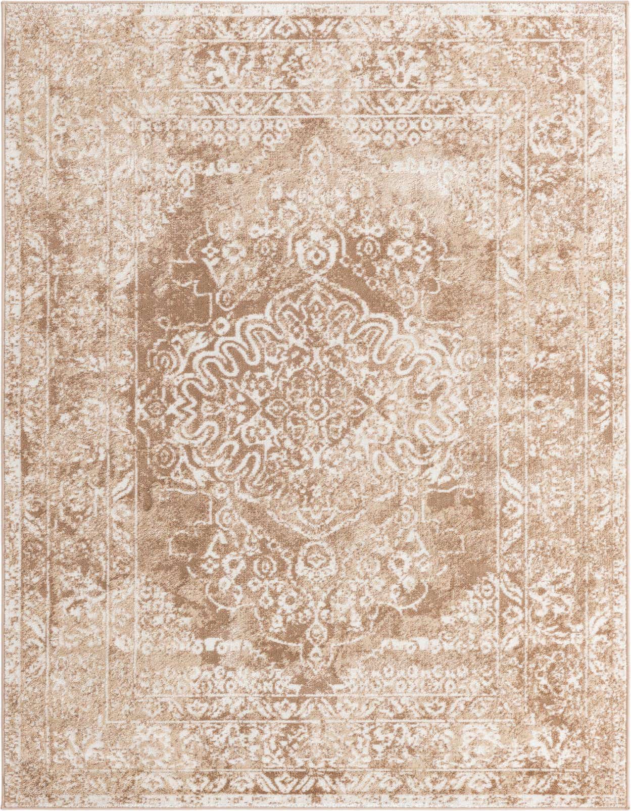A 5x8 rectangular brown and ivory traditional area rug with a vintage medallion pattern, ideal for a living room.