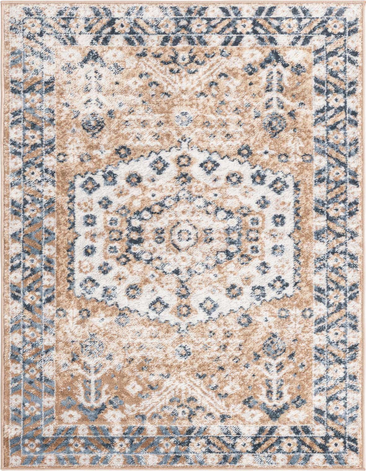 A rectangular 3x5 Rugs.com Oxford rug featuring a distressed medallion pattern in brown, ivory, and blue tones.
