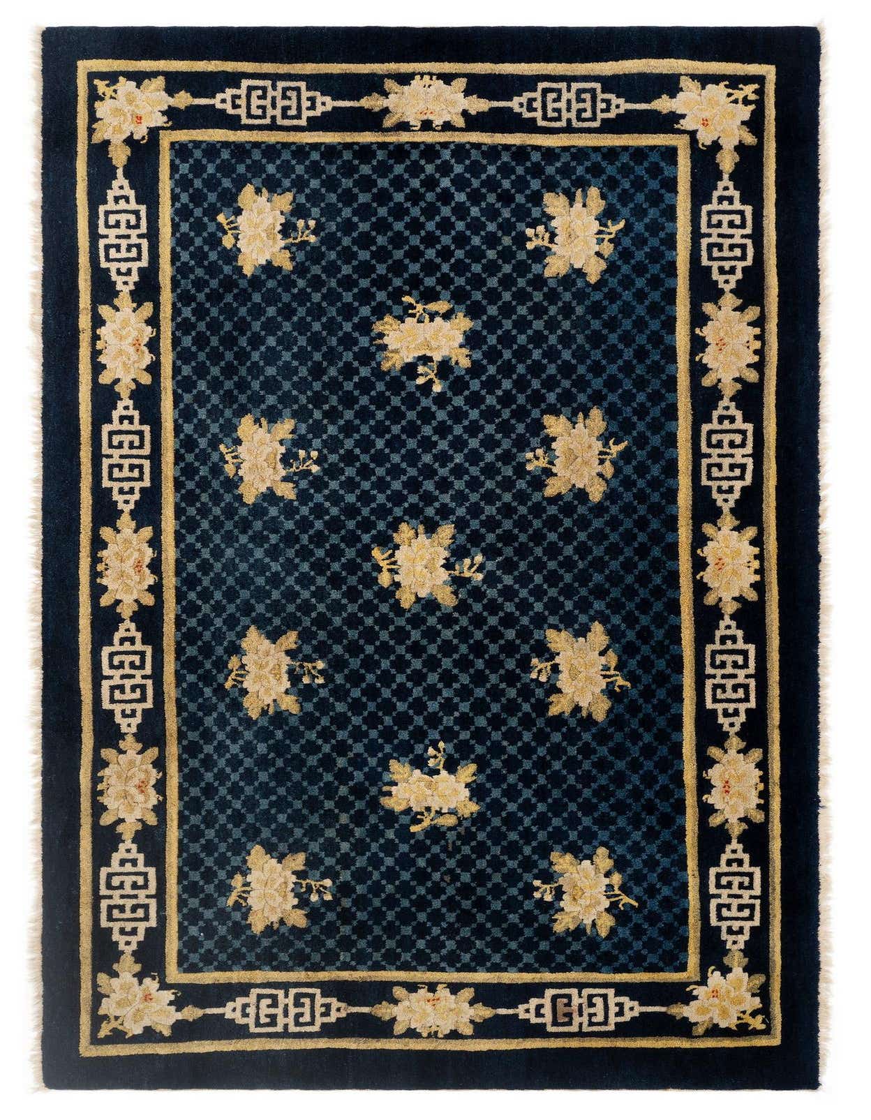 A 3x5 rectangular Pao Tou Persian rug featuring a dark brown field with a subtle checkerboard pattern, adorned with scattered ivory and tan floral motifs, and framed by a decorative border of geometric and floral designs.