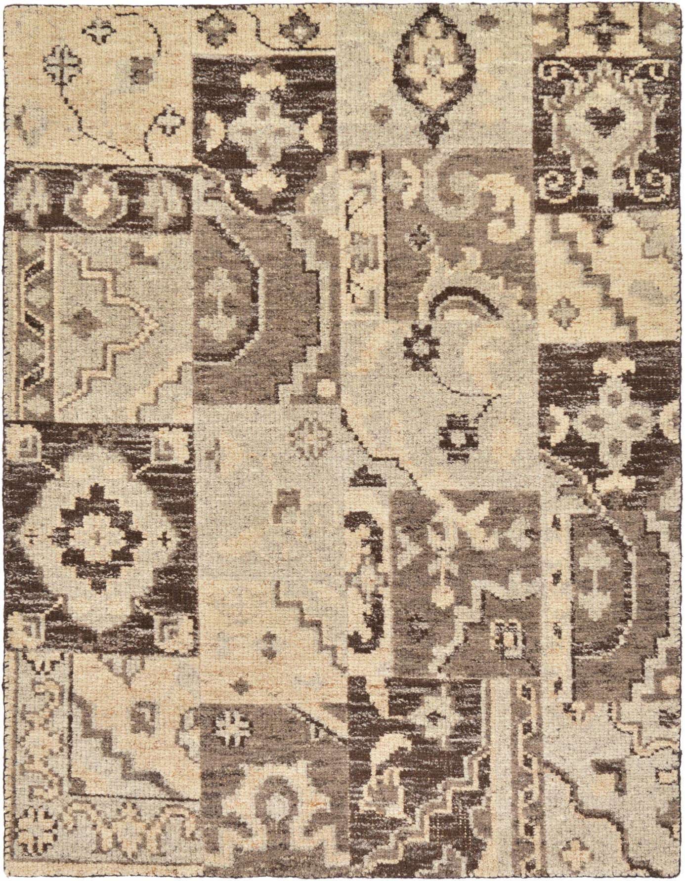 A 4x6 rectangular indoor rug featuring a modern patchwork design in varying shades of brown, tan, and cream with oriental patterns.