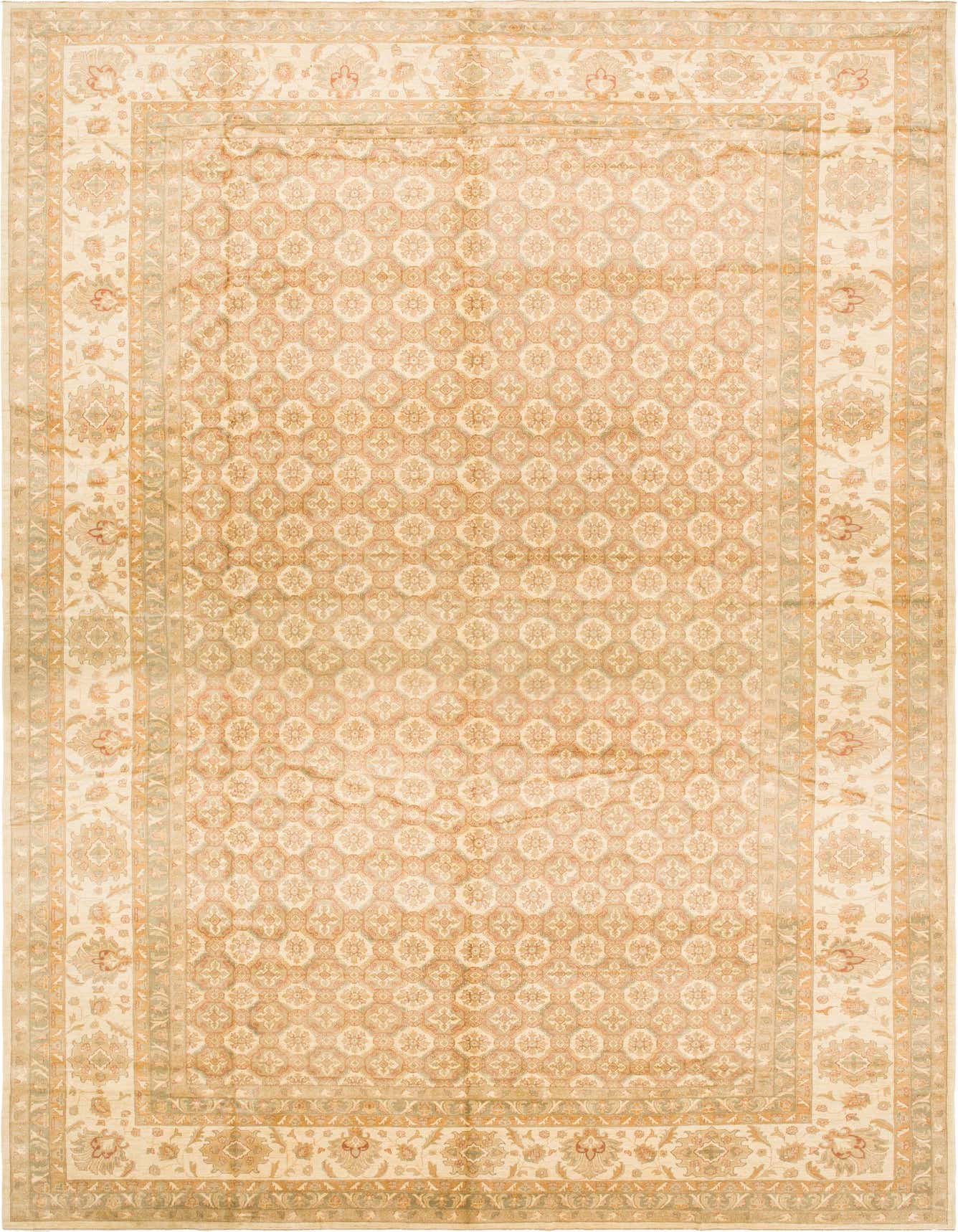 A large 13x18 rectangular Peshawar Ziegler rug with a traditional botanical pattern in browns, tans, and ivories.