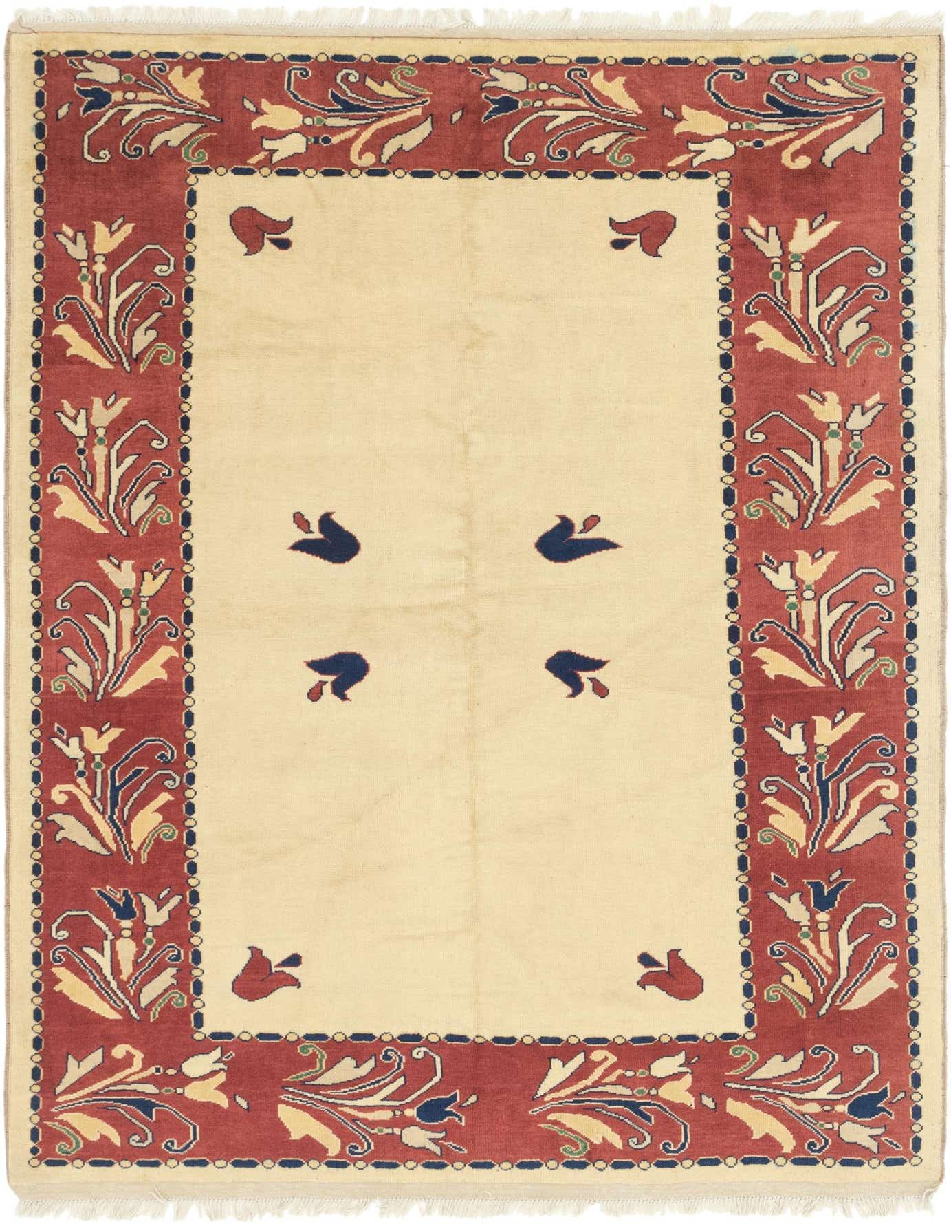 A 6x9 rectangular Peshawar Ziegler rug with a cream field, a wide red-brown border featuring botanical motifs, and small dark blue floral accents.