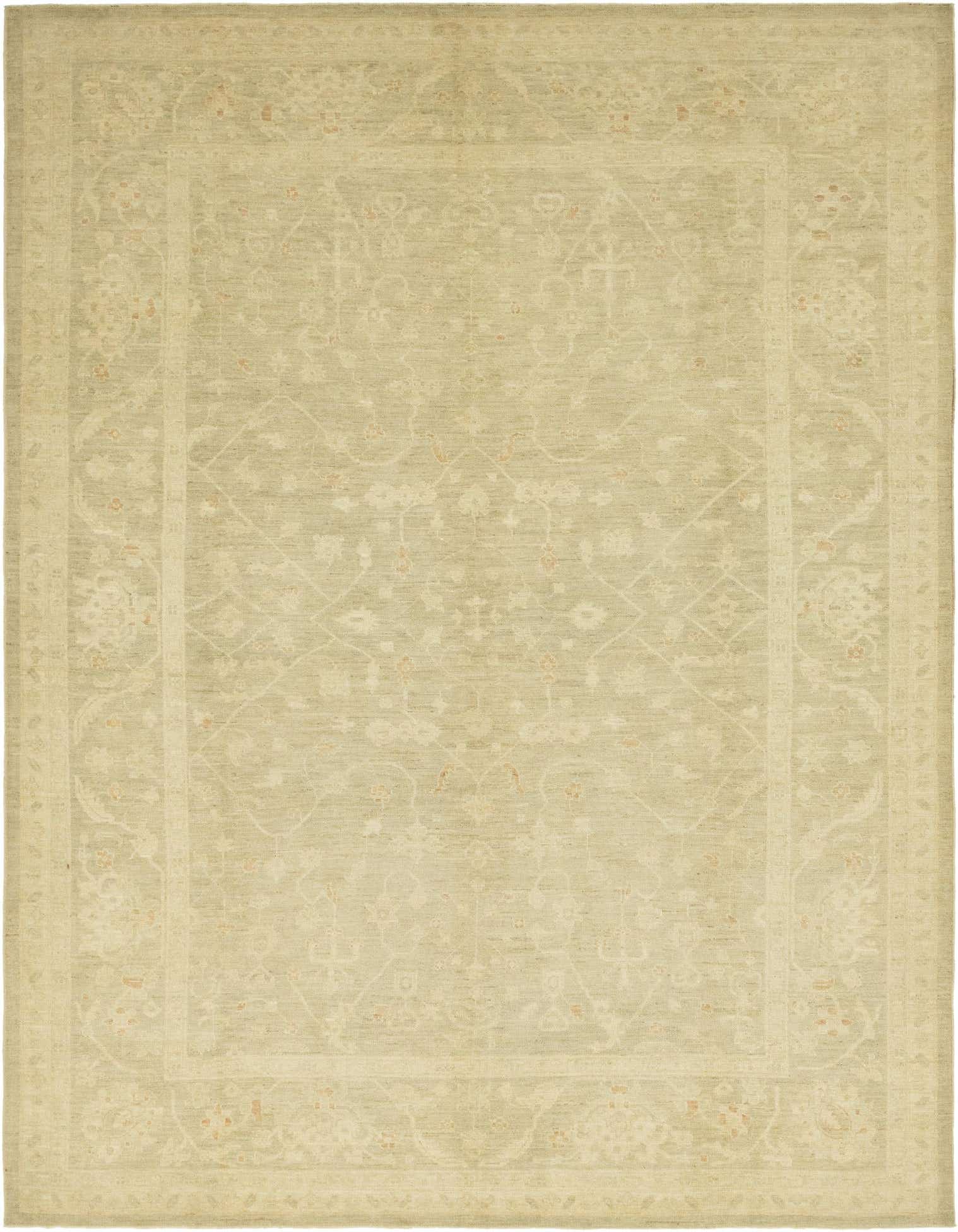 A 10x14 rectangular Peshawar Ziegler rug in muted browns and tans with a delicate traditional floral pattern and a thin pile, suitable for indoor use.