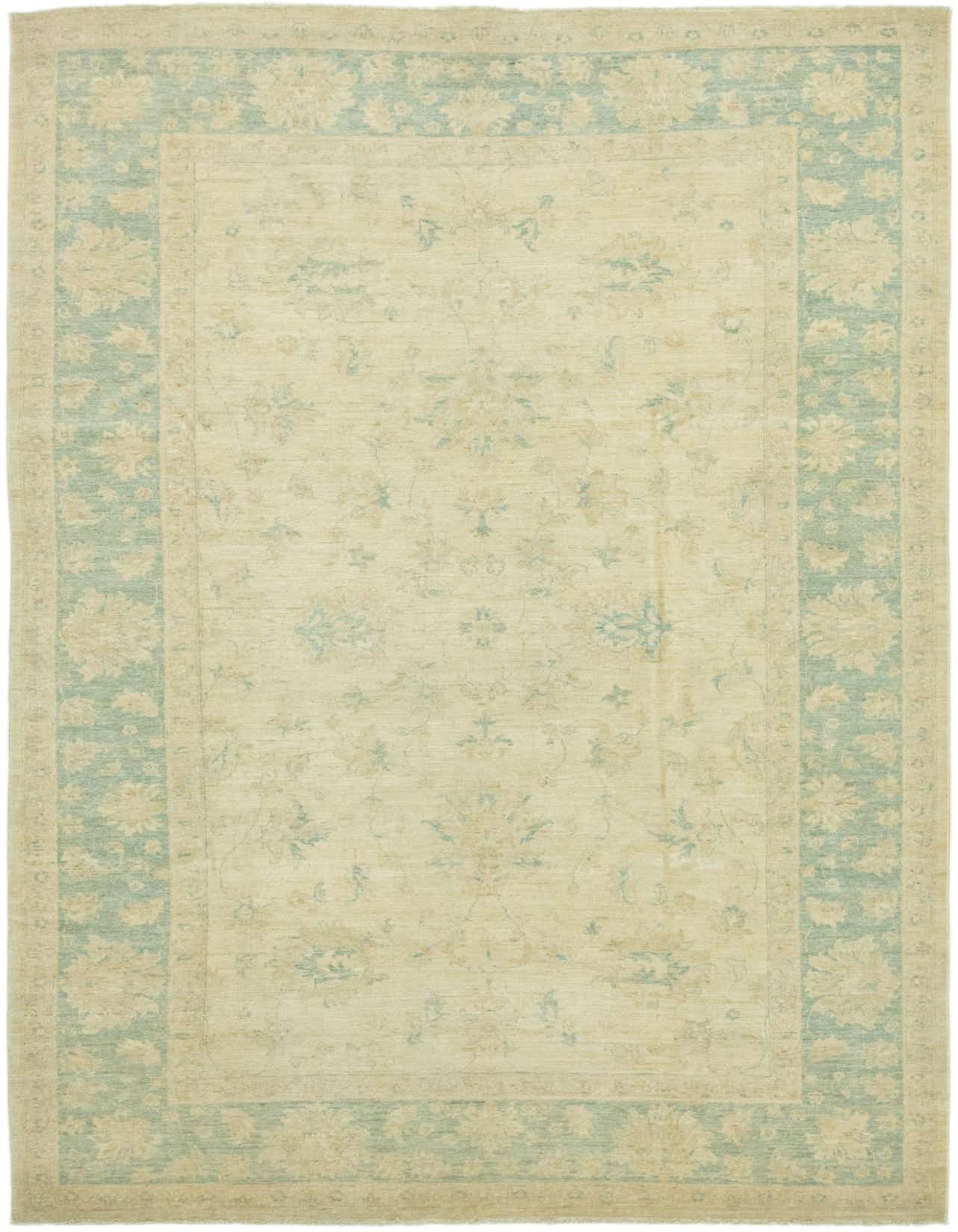 A 6x9 rectangular Peshawar Ziegler rug with a cream field and light blue-green botanical border, ideal for a living room.