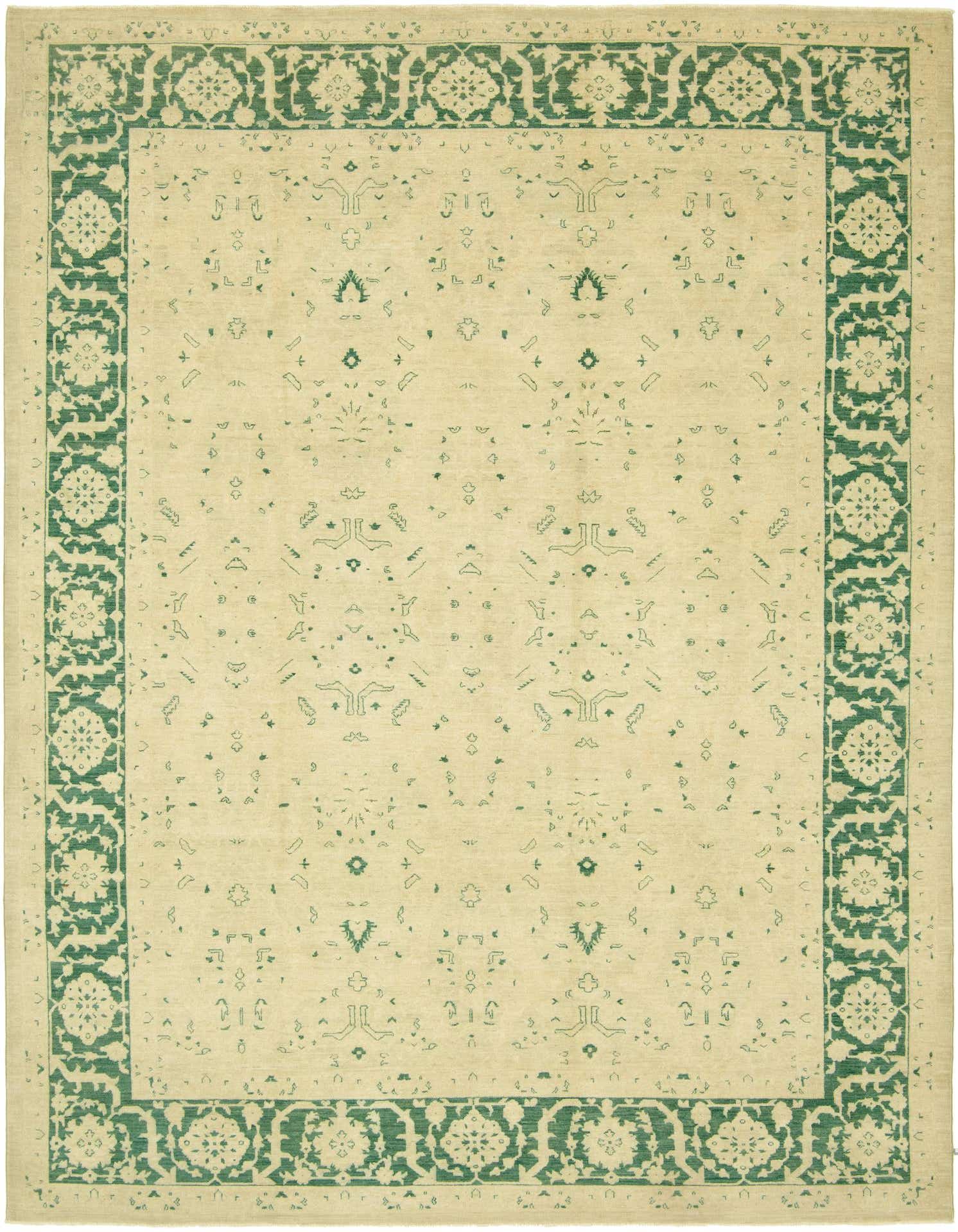 A 9x12 rectangular Peshawar Ziegler rug featuring a cream field with subtle botanical motifs and a bold green traditional floral border.
