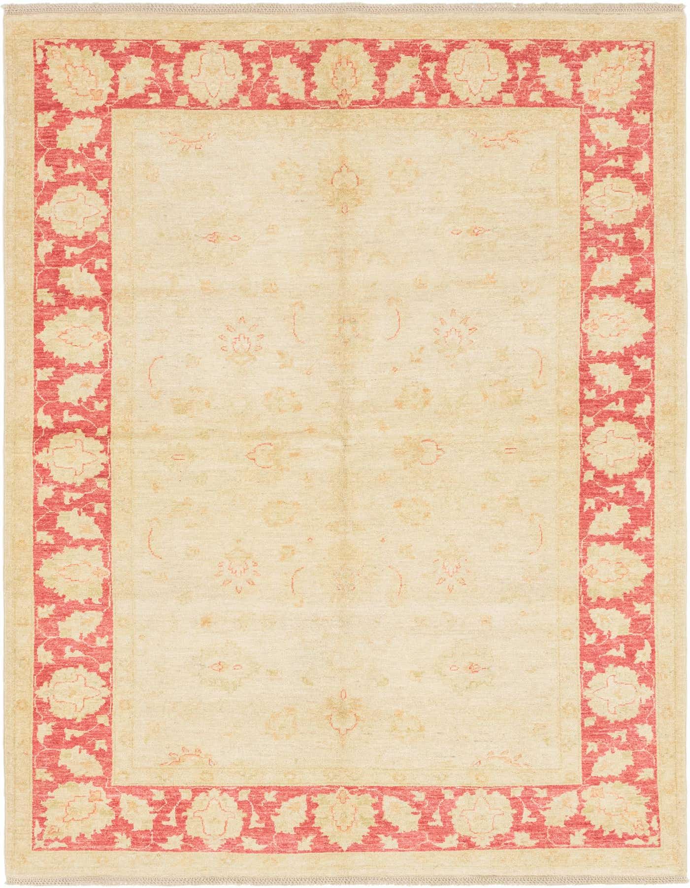 A 6x9 rectangular Peshawar Ziegler rug with a cream field and a bold red botanical border, ideal for a living room.
