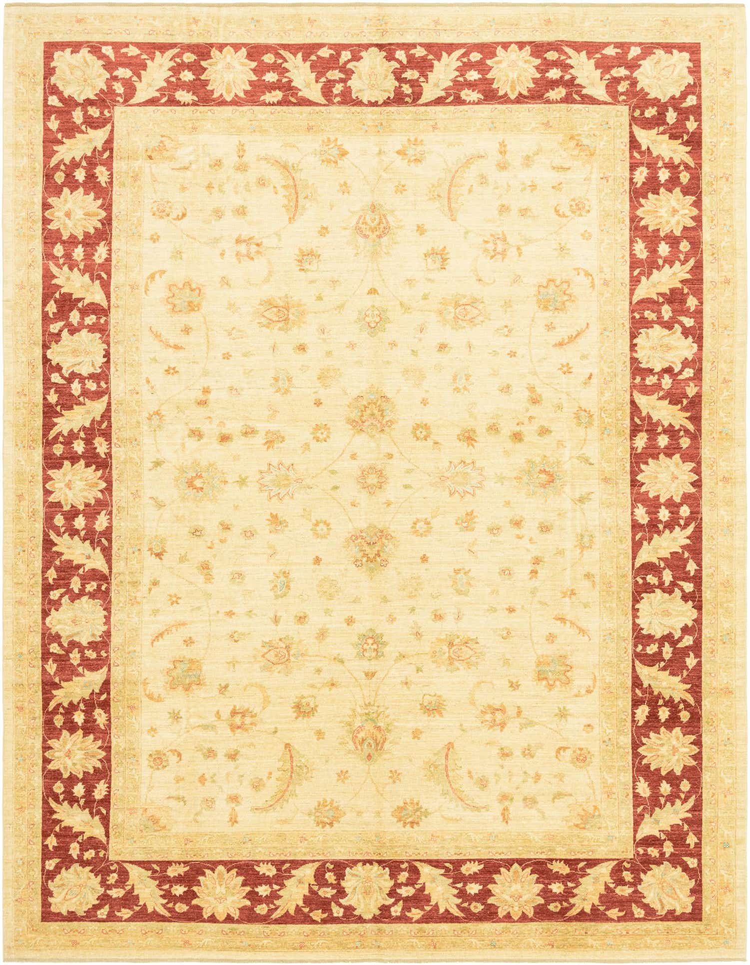A 10x14 rectangular Peshawar Ziegler rug featuring a cream field with subtle botanical patterns and a wide red-brown border with floral motifs.