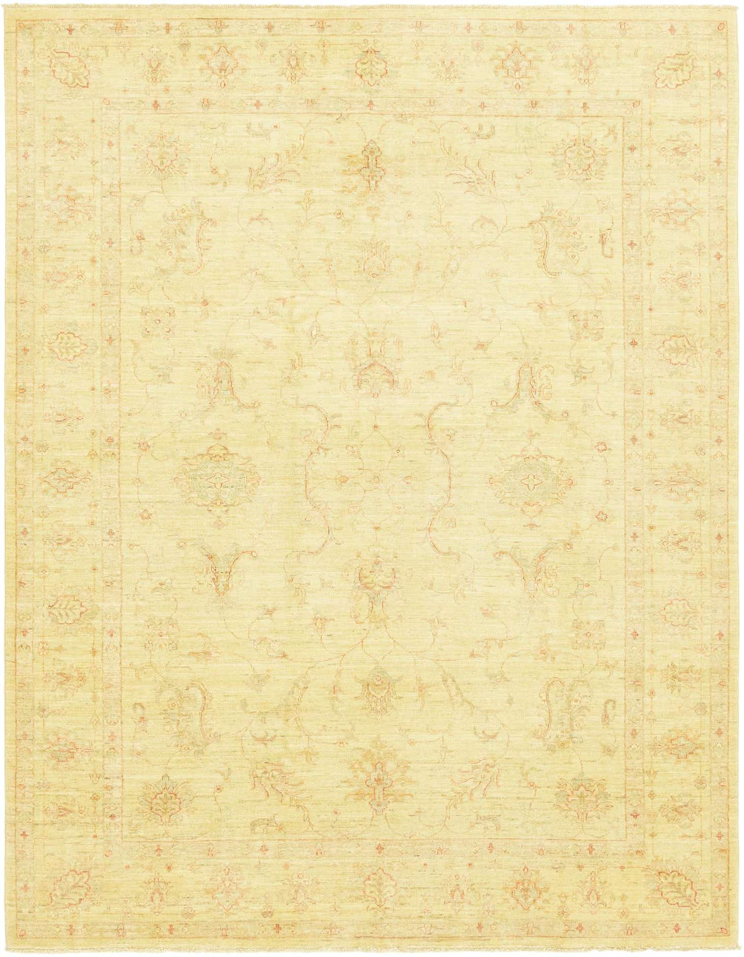 A 7x10 rectangular Peshawar Ziegler rug in tan and ivory with a traditional botanical pattern, ideal for a living room.
