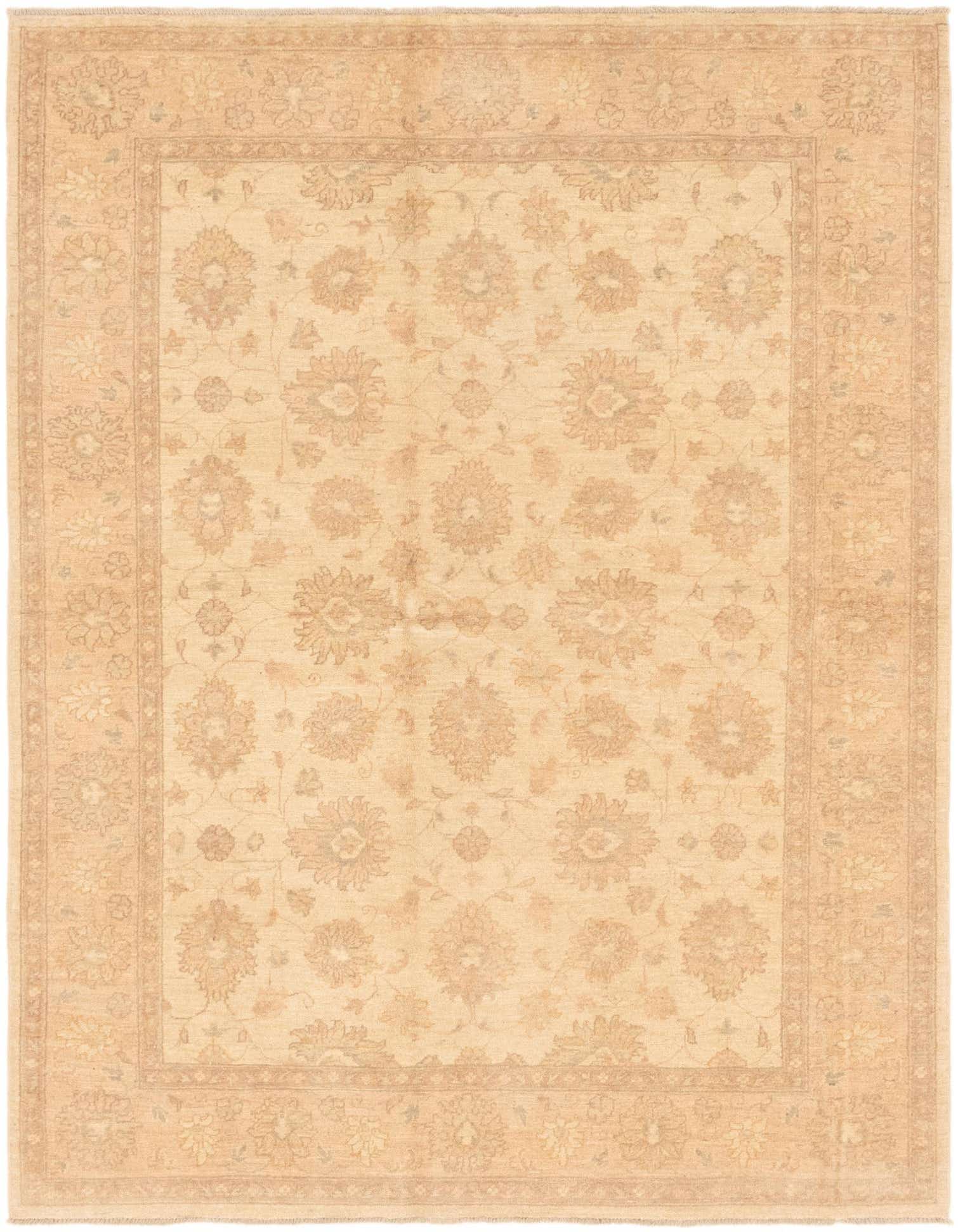 A 6x9 rectangular Peshawar Ziegler rug in warm browns and tans with an intricate botanical and floral pattern.