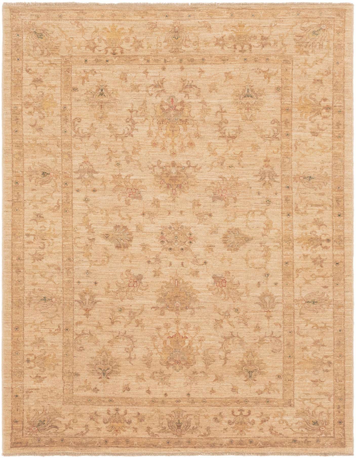 A 6x9 rectangular Peshawar Ziegler rug featuring a traditional botanical pattern in shades of brown, tan, and cream.