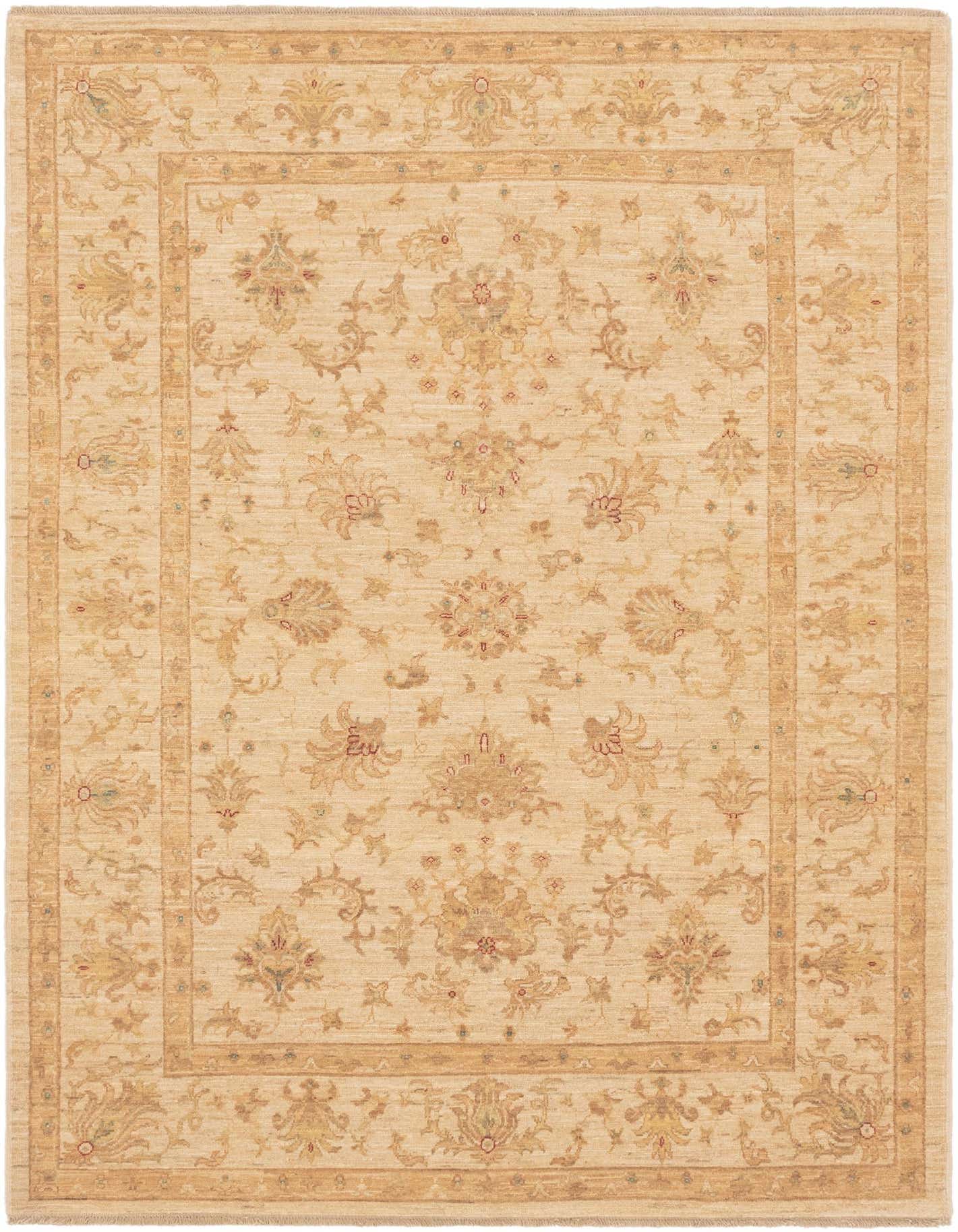 A 6x9 rectangular Peshawar Ziegler rug with a traditional botanical pattern in shades of brown, tan, and cream.