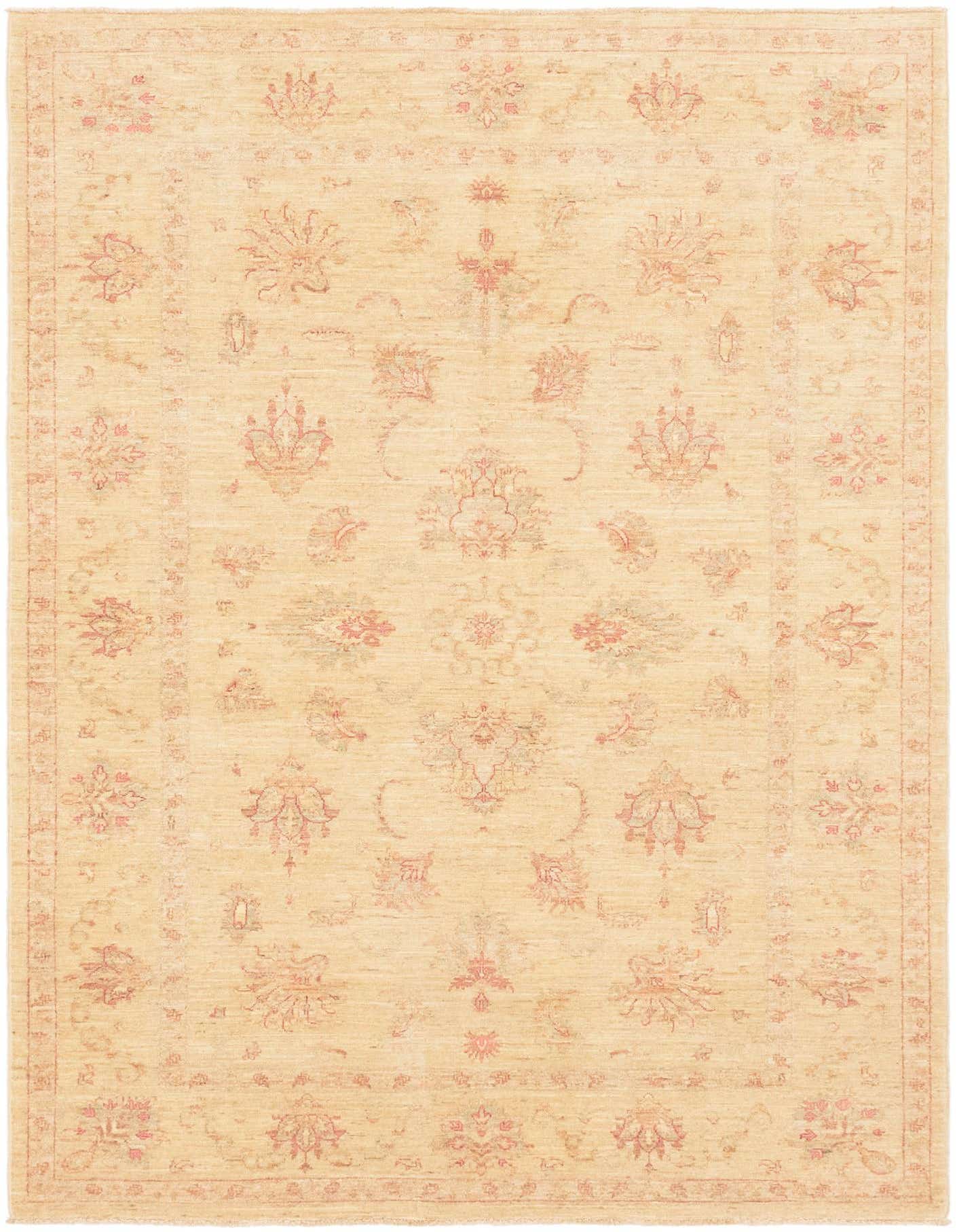 A 6x9 rectangular Peshawar Ziegler rug with a tan field and traditional botanical patterns in muted brown and cream.