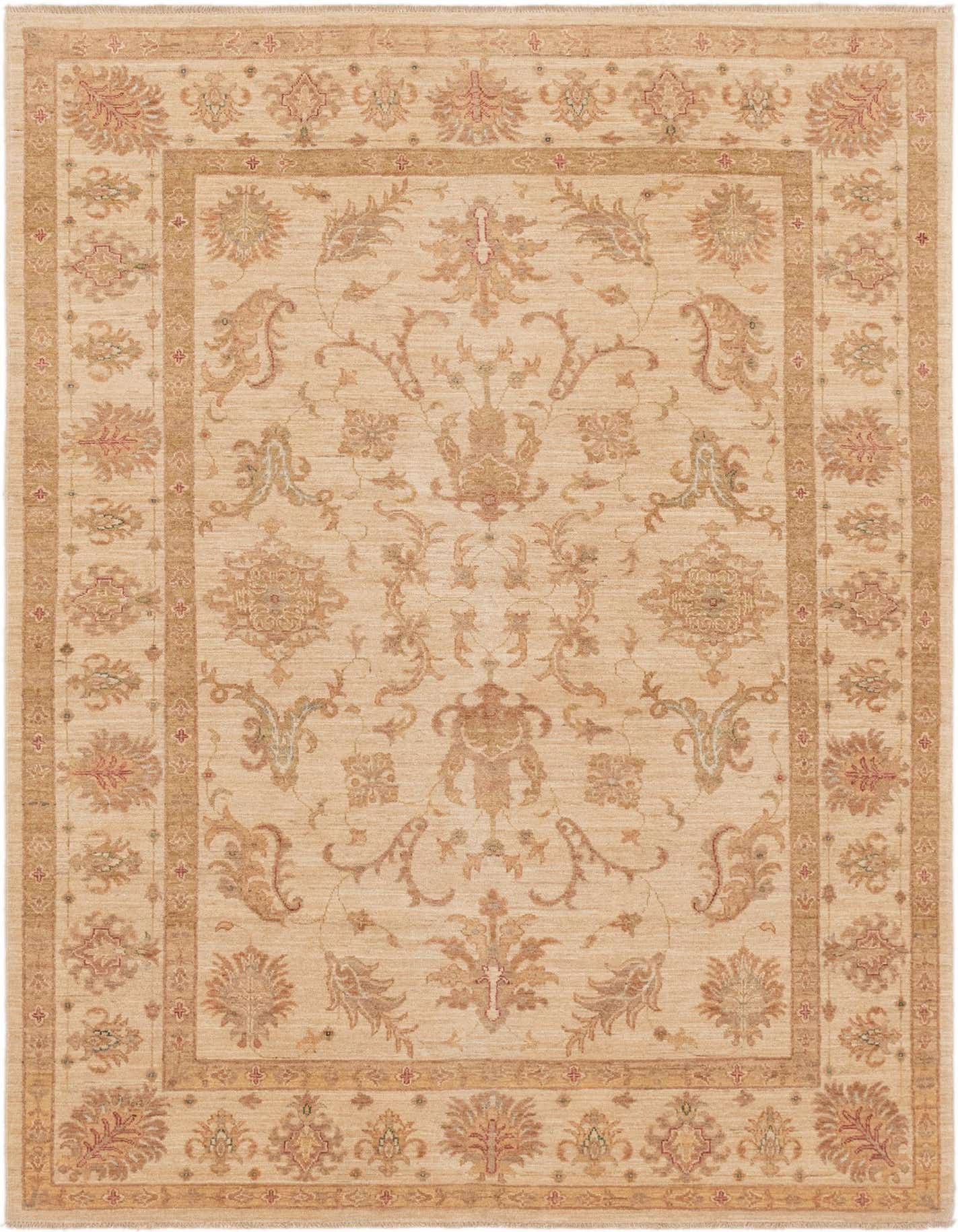 A 6x9 rectangular Peshawar Ziegler rug featuring a traditional botanical pattern in browns, tans, and creams.