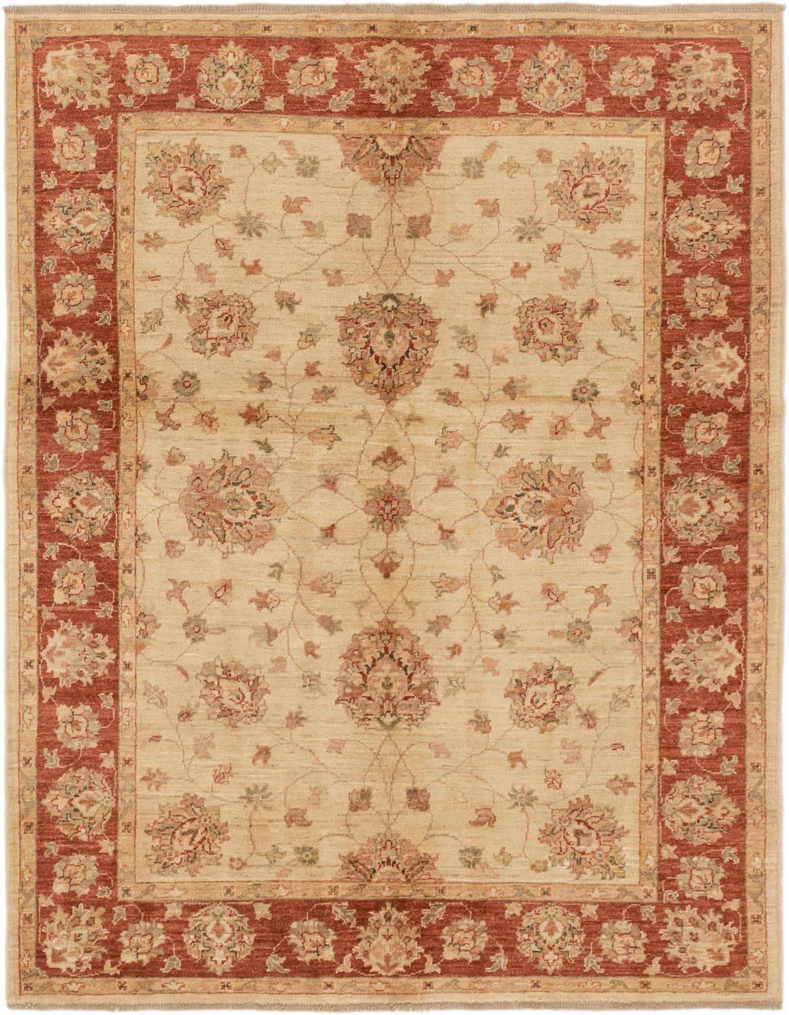 A 4x6 rectangular Peshawar Ziegler rug with a cream field and traditional botanical floral patterns in muted browns, tans, and ivories, framed by a rich red-brown border.