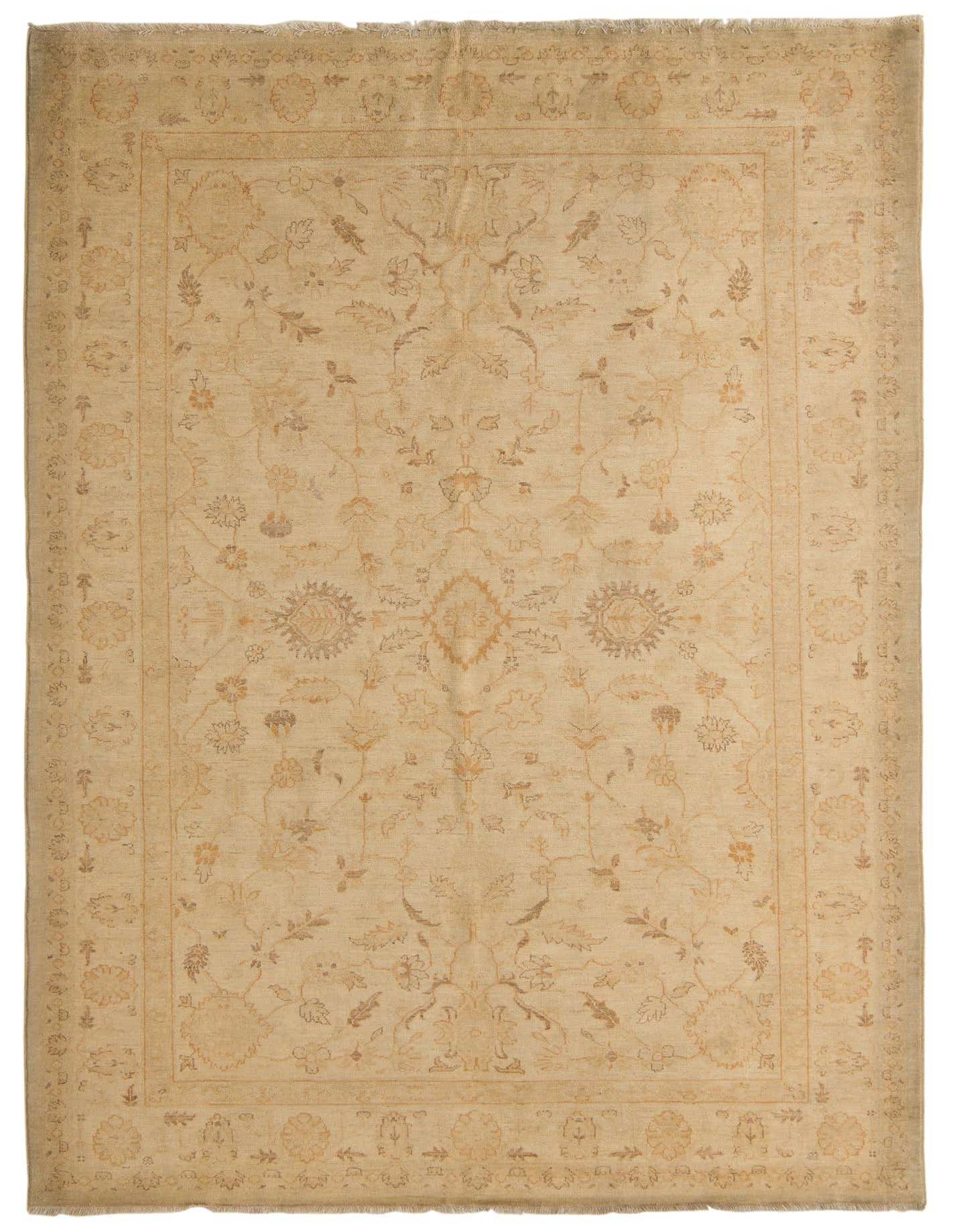A 7x10 rectangular Peshawar Ziegler rug featuring a traditional floral pattern in shades of brown, tan, and cream.