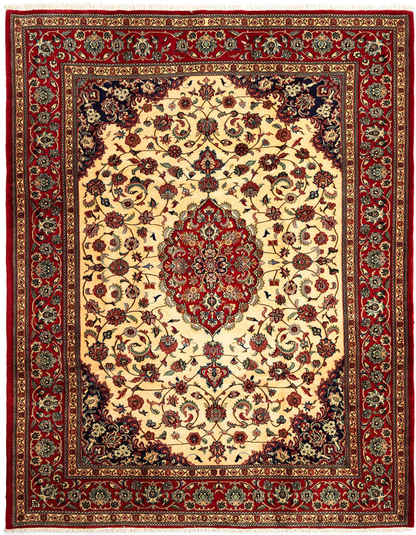 A 6x9 rectangular Persian rug with a cream field, red border, and intricate floral medallion pattern.