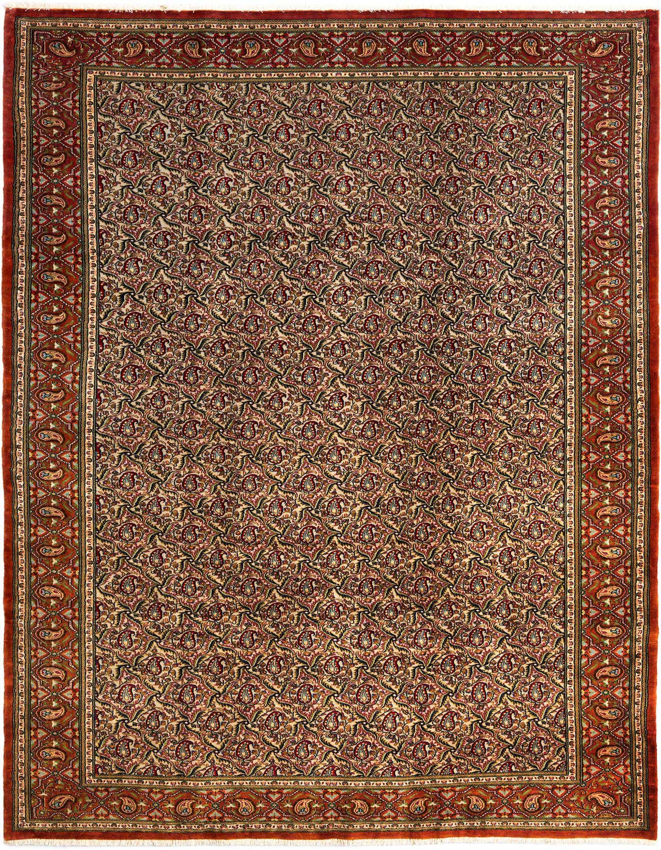 A 6x9 rectangular Qom Persian rug in browns, tans, and ivories, featuring a detailed floral and paisley pattern with a prominent border.