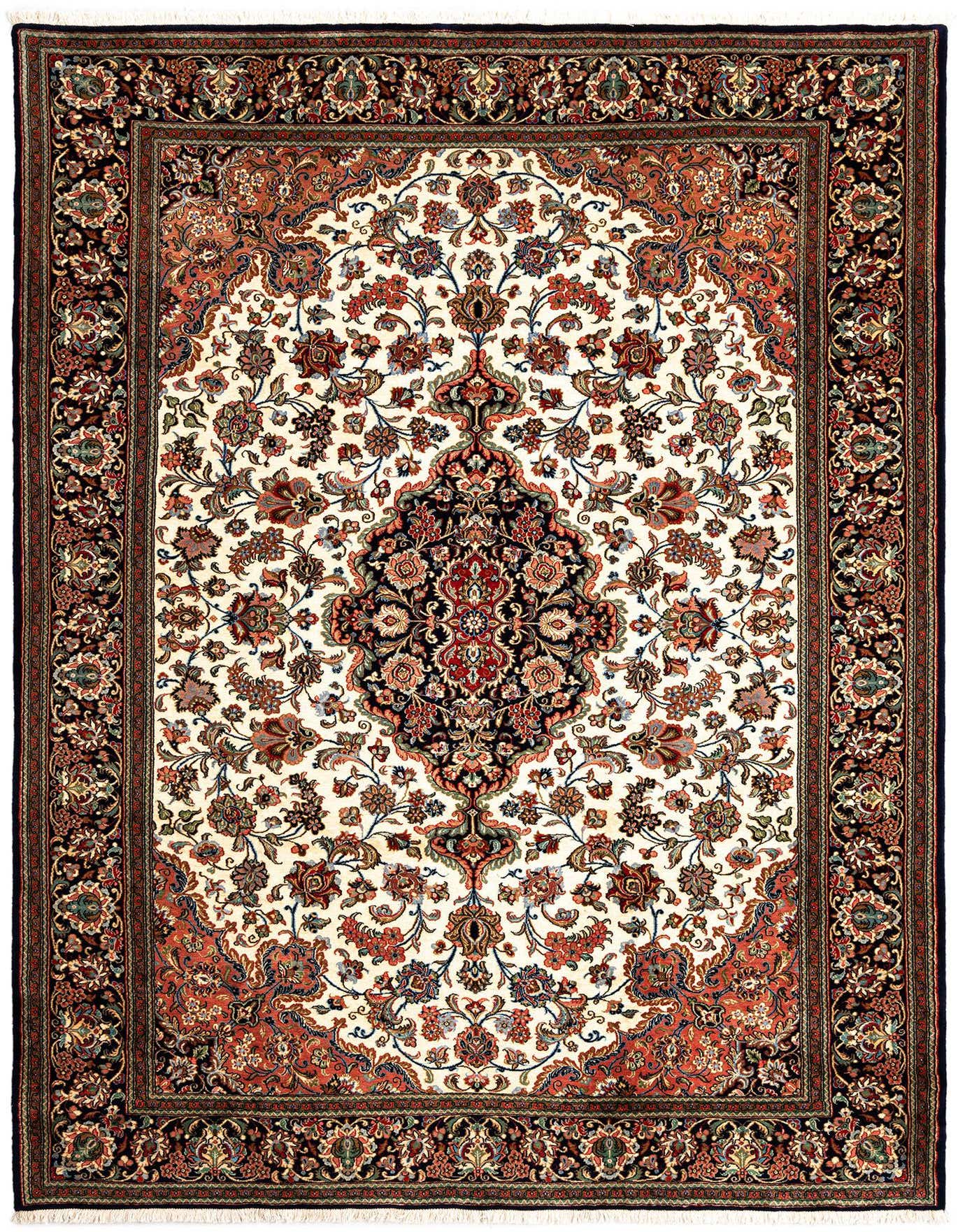 A 7x10 rectangular Qom Persian rug featuring a cream field with an intricate floral medallion and a rich brown border.