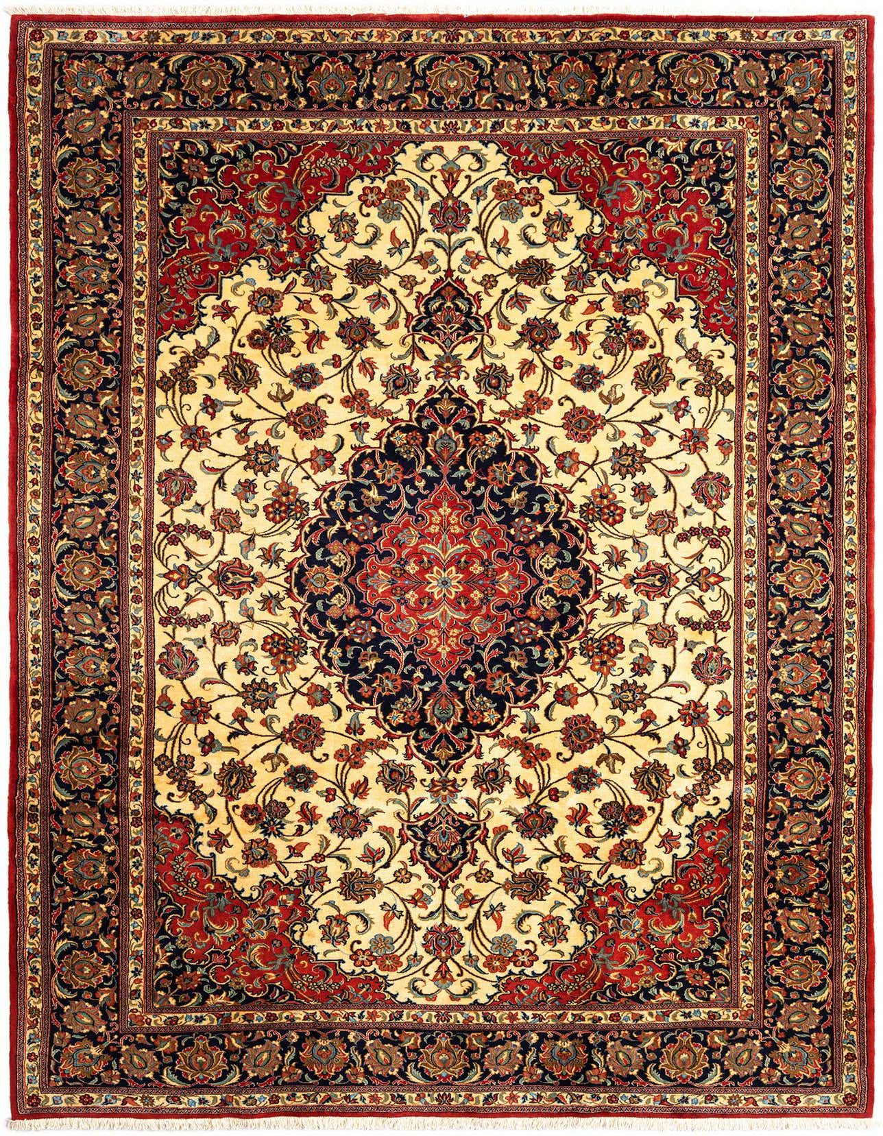 A rectangular 7x10 Persian Qom rug with a cream field, a central navy medallion, and intricate red and brown floral patterns, ideal for a living room.