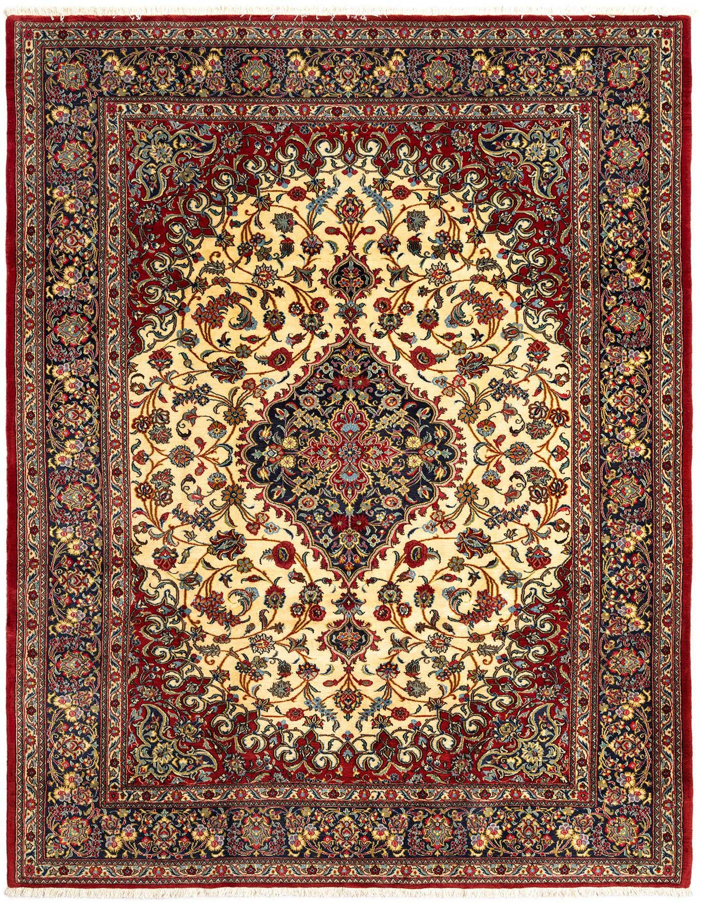 A 7x10 rectangular Qom Persian rug featuring a central medallion and intricate floral patterns in cream, red, and navy.