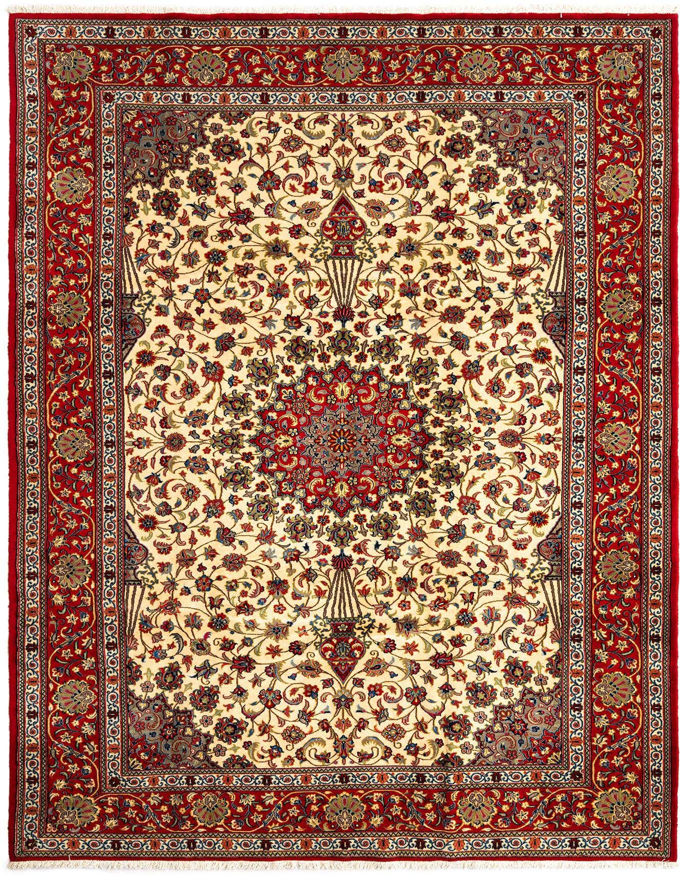 A 7x10 rectangular Persian rug featuring a cream and ivory field with an intricate floral medallion, framed by a rich red border.
