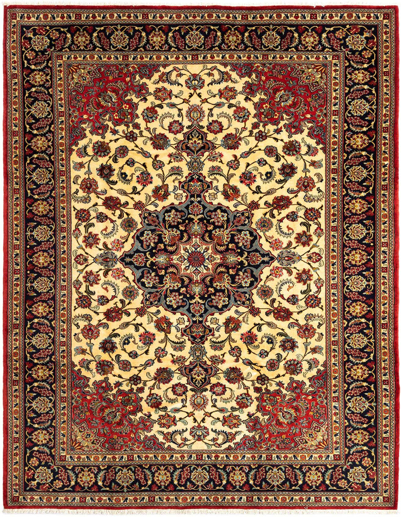 A 7x10 rectangular Qom Persian rug featuring an ivory and cream field with intricate floral motifs in brown, red, and blue, framed by a detailed border.