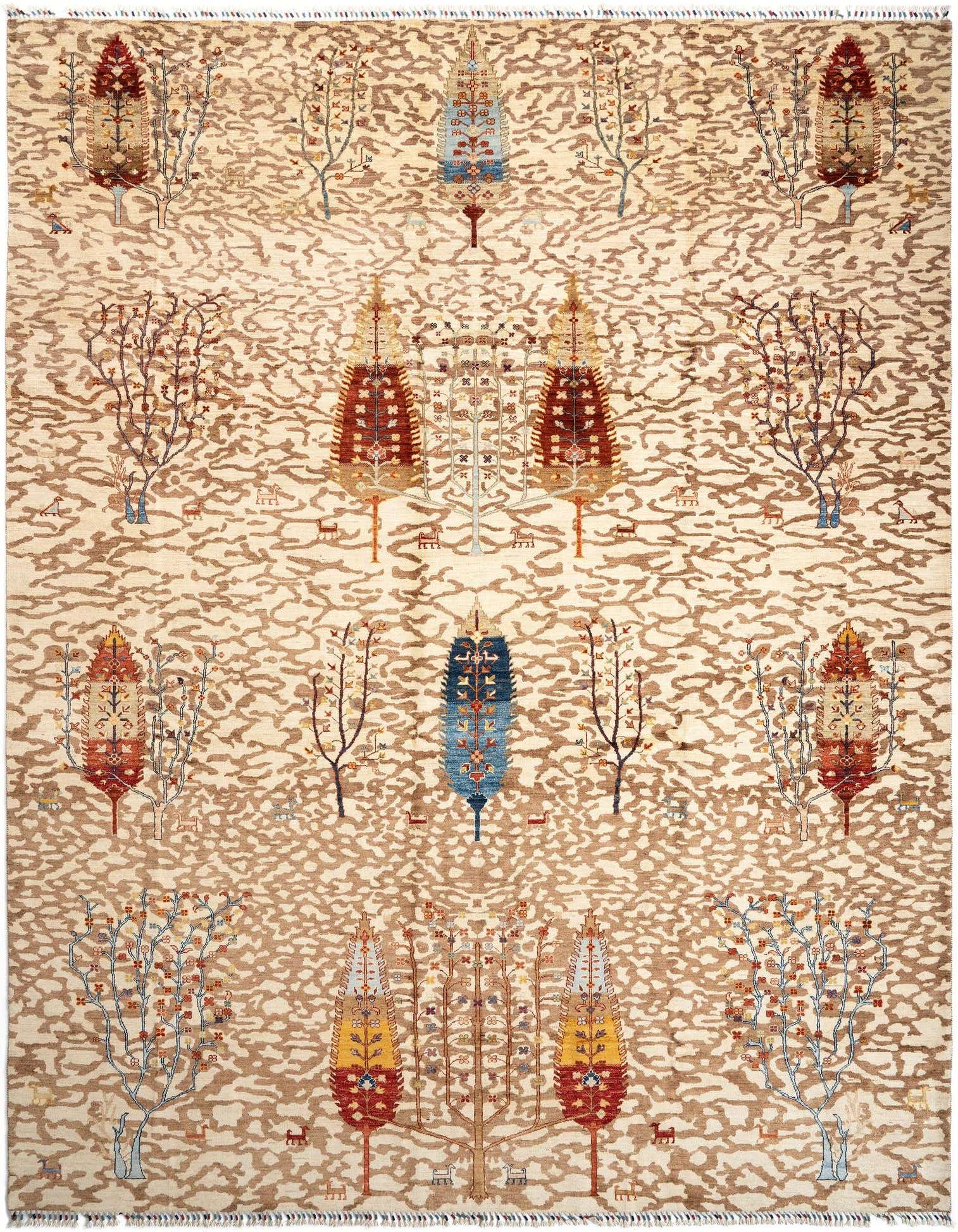 A 10x13 rectangular Persian wool rug featuring a tree of life pattern with brown and ivory tones, suitable for a living room.