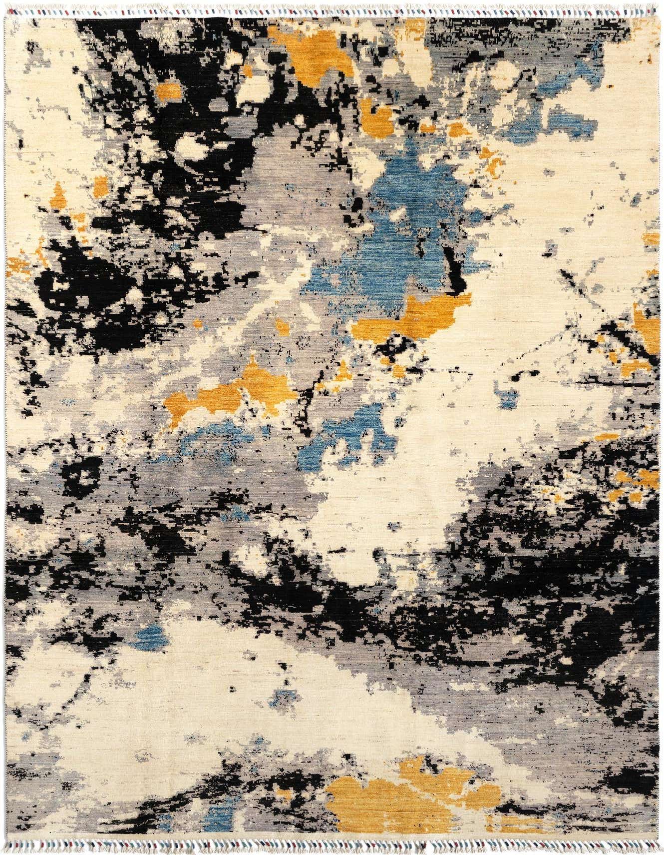 A 7x10 rectangular Rubin Collection Persian rug featuring an abstract pattern with cream, brown, black, blue, and gold tones.