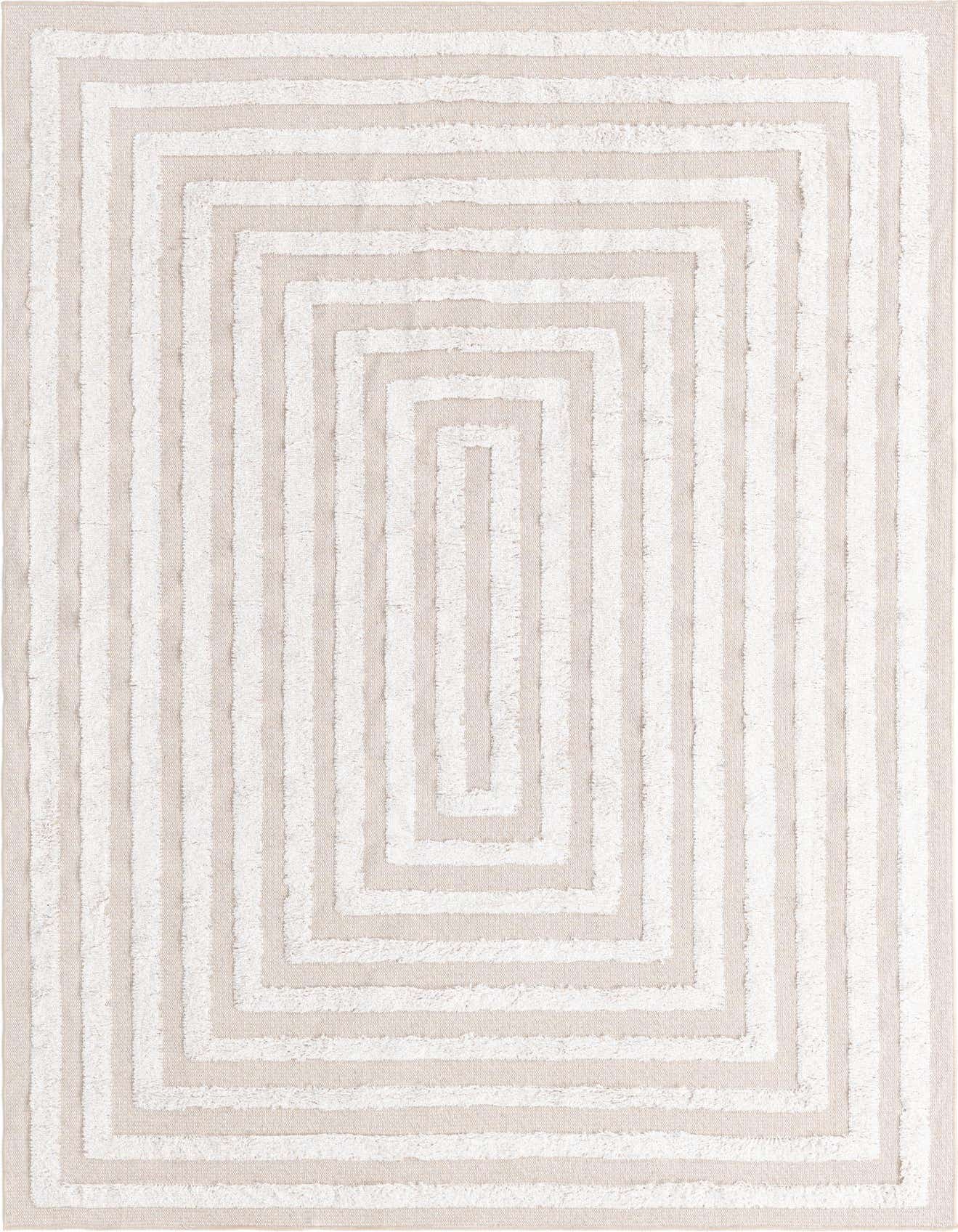 A 5x8 rectangular brown and ivory modern rug featuring a concentric striped pattern with textured pile.