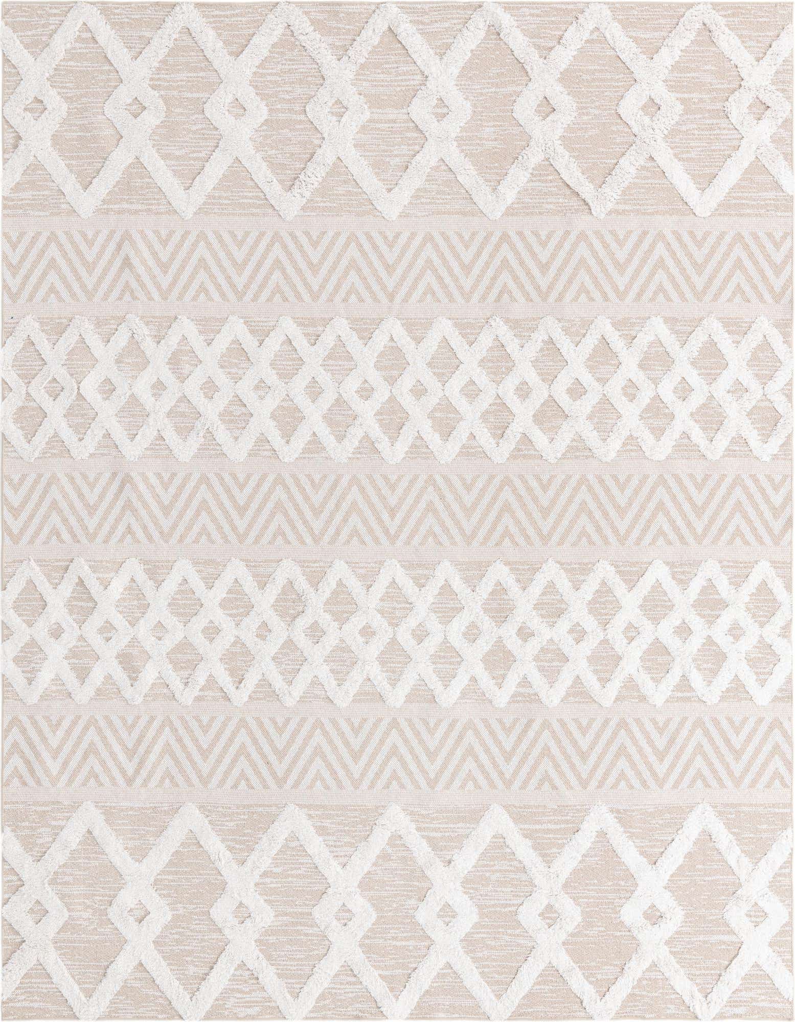 An 8x10 rectangular rug featuring a modern tribal pattern in textured ivory and tan, ideal for a living room.