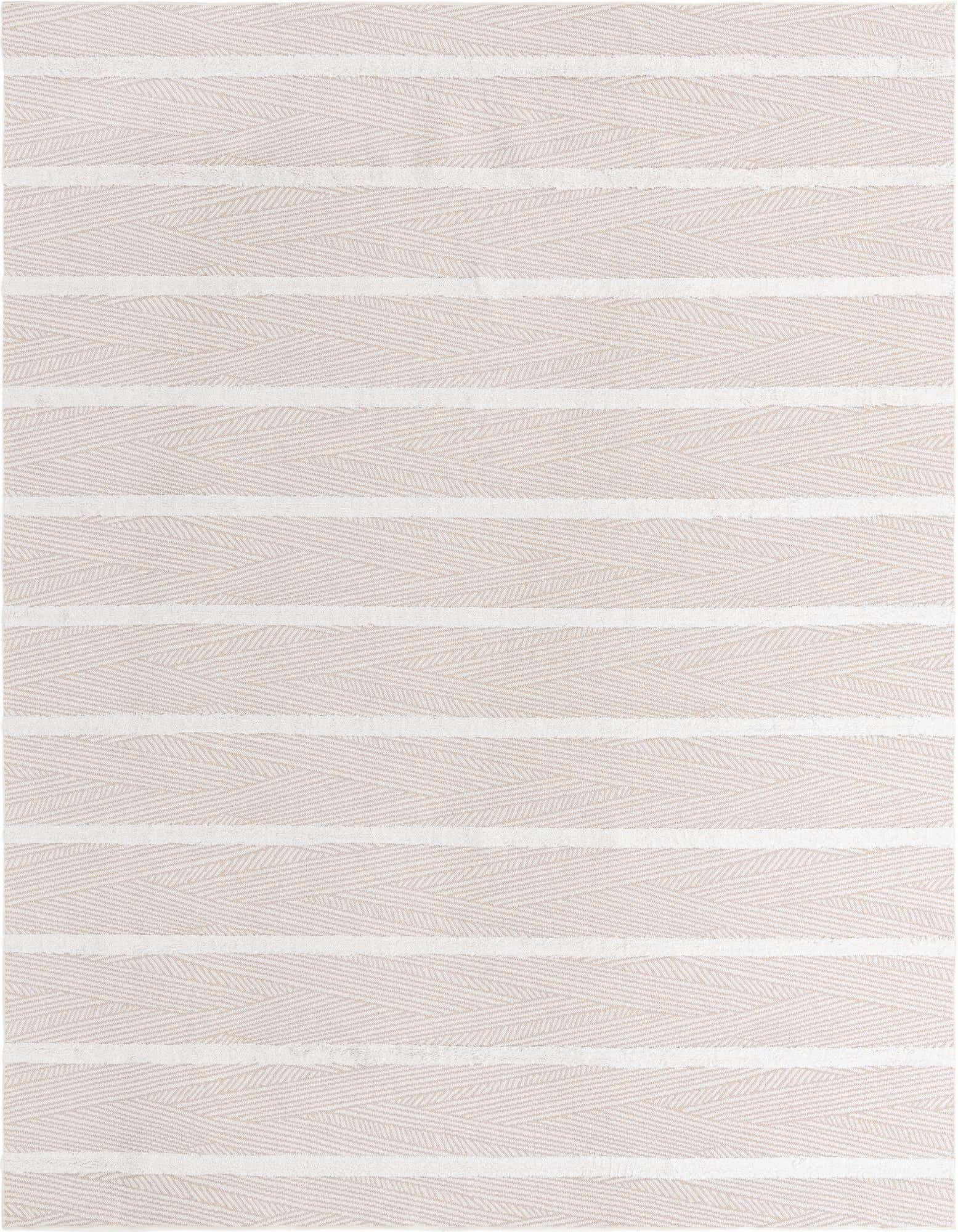 A 9x12 rectangular modern rug with alternating stripes of light brown herringbone and cream flatweave.