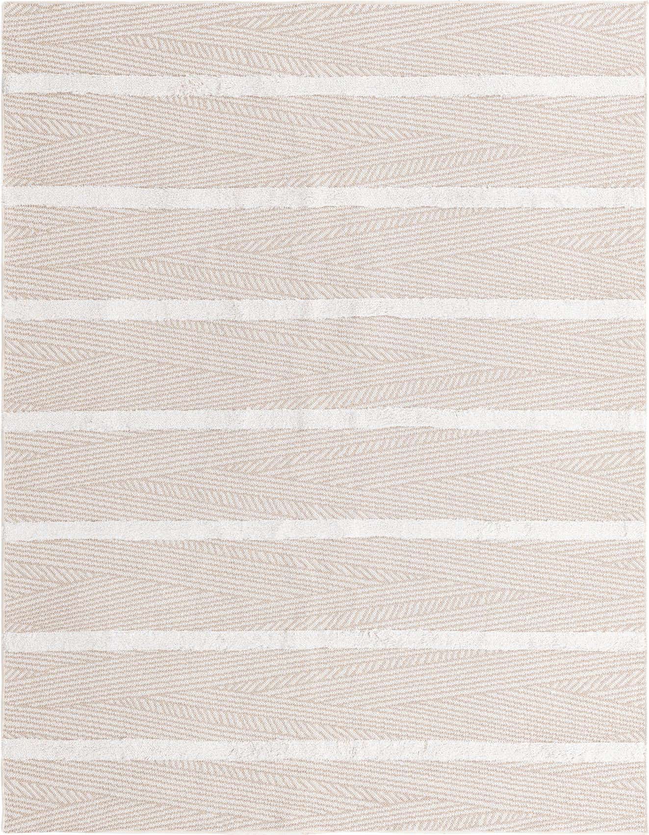 A 5x8 rectangular indoor rug with alternating textured tan and ivory stripes, ideal for a living room or office.