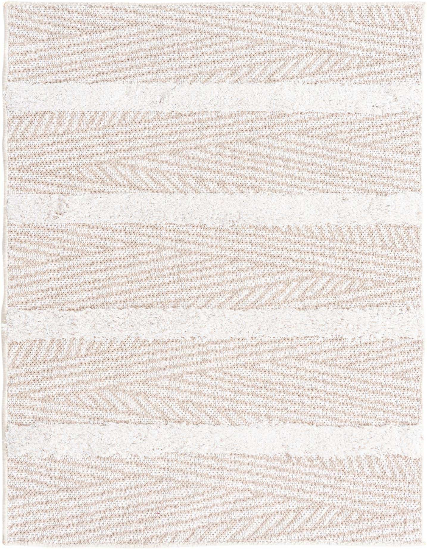 A 2x3 rectangular Sabrina Soto Casa rug featuring alternating stripes of textured ivory high pile and flatweave tan with a subtle chevron pattern.