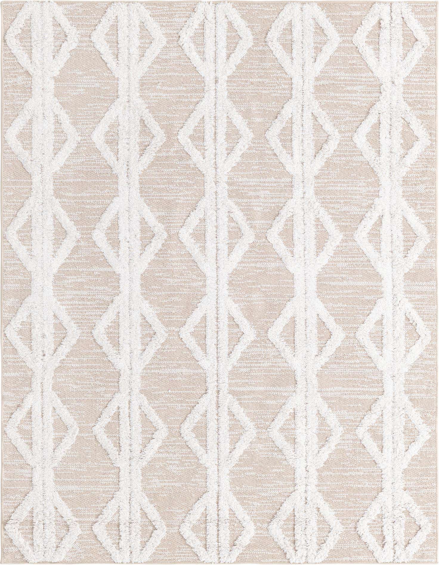 A 4x6 rectangular indoor rug featuring a textured tribal diamond pattern in ivory on a tan background.