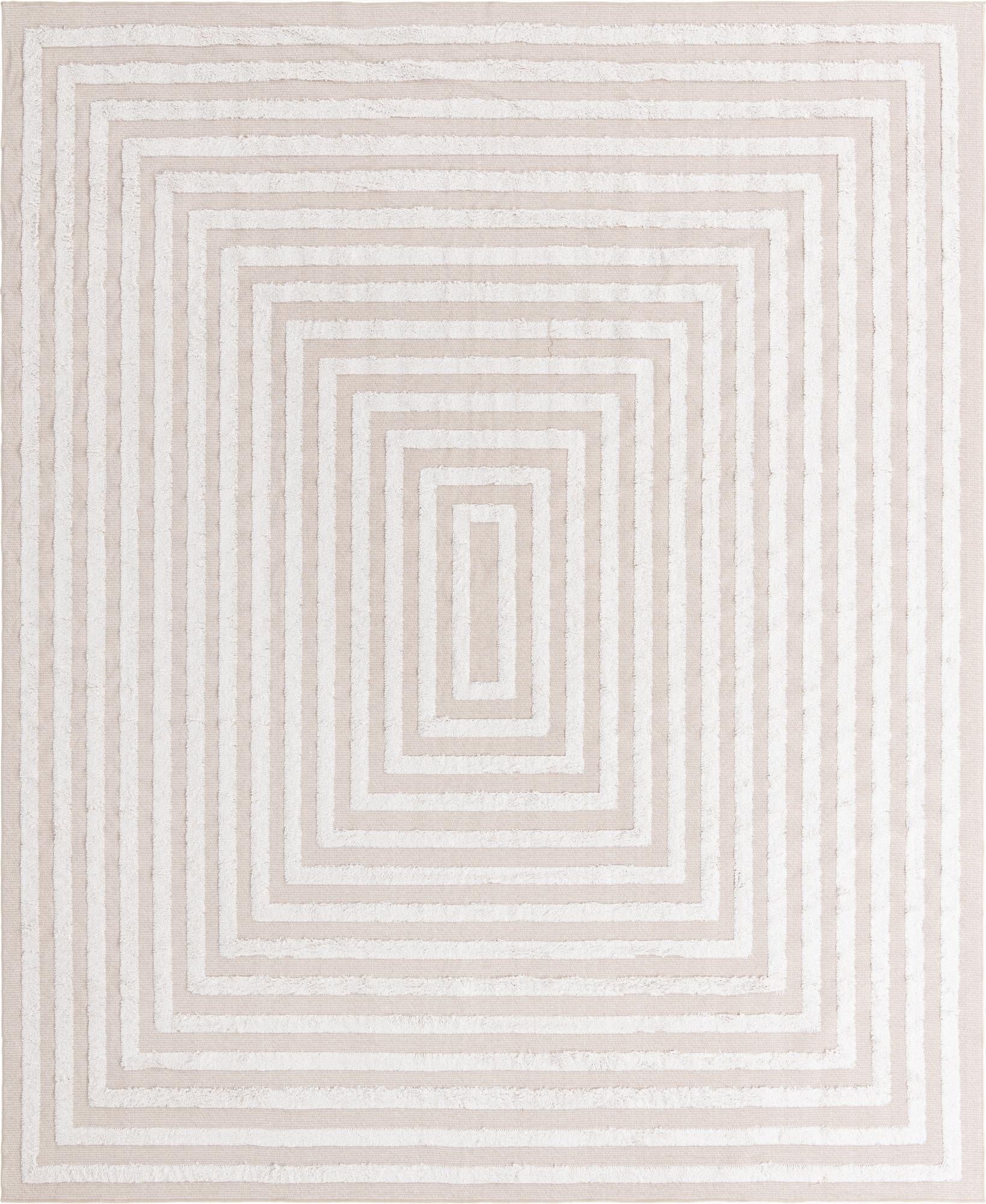 A 9x12 rectangular modern rug featuring concentric ivory and tan stripes, creating a textured geometric pattern.