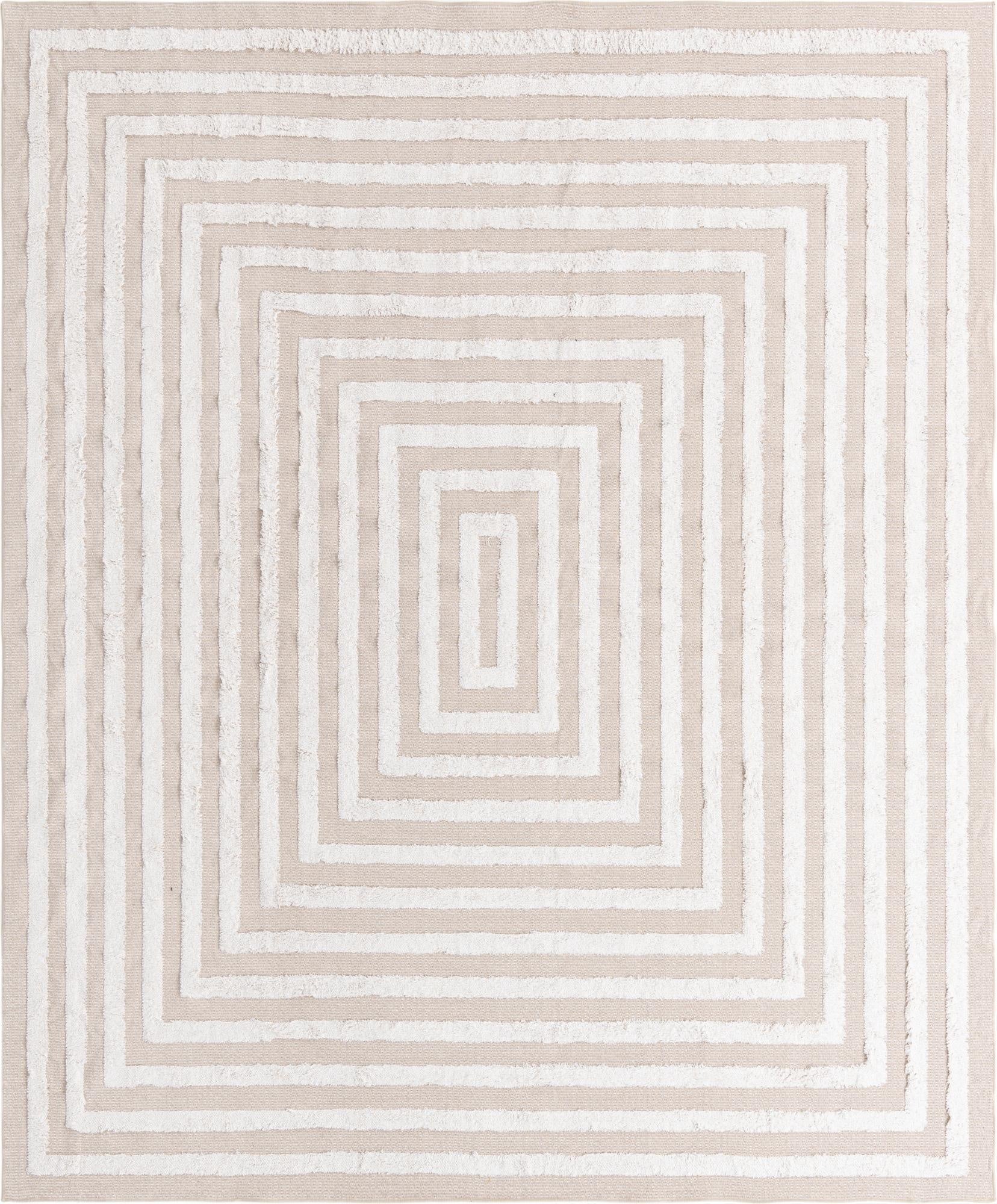 A rectangular 8x10 Sabrina Soto Casa rug featuring a modern concentric square pattern in textured ivory and tan.