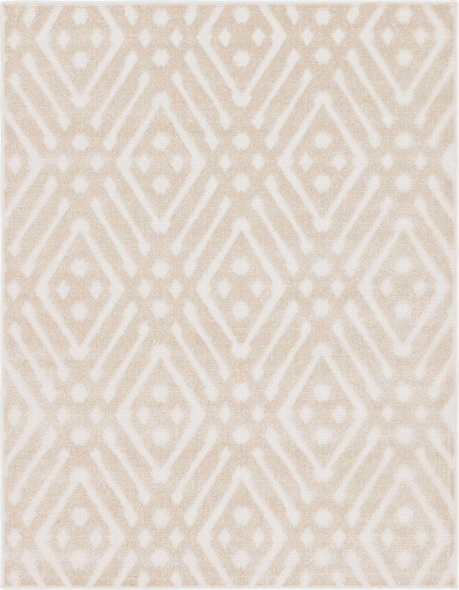 A 9x12 rectangular indoor/outdoor rug featuring a modern tribal trellis pattern in varying shades of brown and cream.