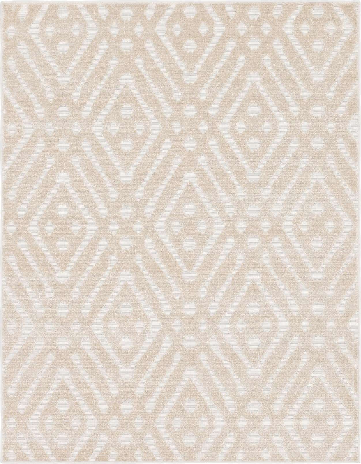 A 5x8 rectangular indoor/outdoor rug featuring a modern tribal trellis pattern in varying shades of brown and cream.
