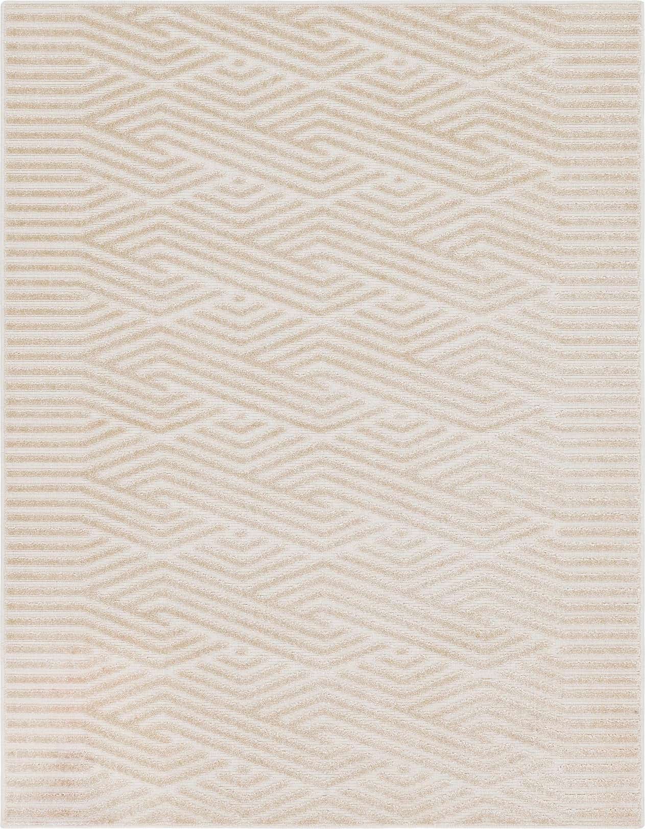 A 5x8 rectangular indoor/outdoor rug featuring an abstract tribal pattern in varying shades of brown and cream.