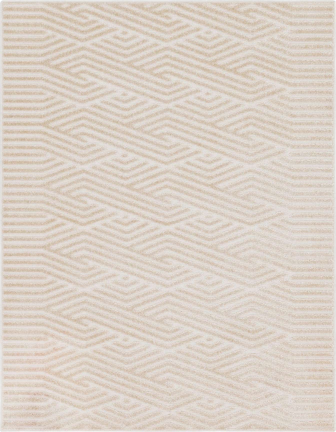 A 4x6 rectangular indoor/outdoor rug featuring an abstract geometric pattern in shades of brown, tan, and cream.