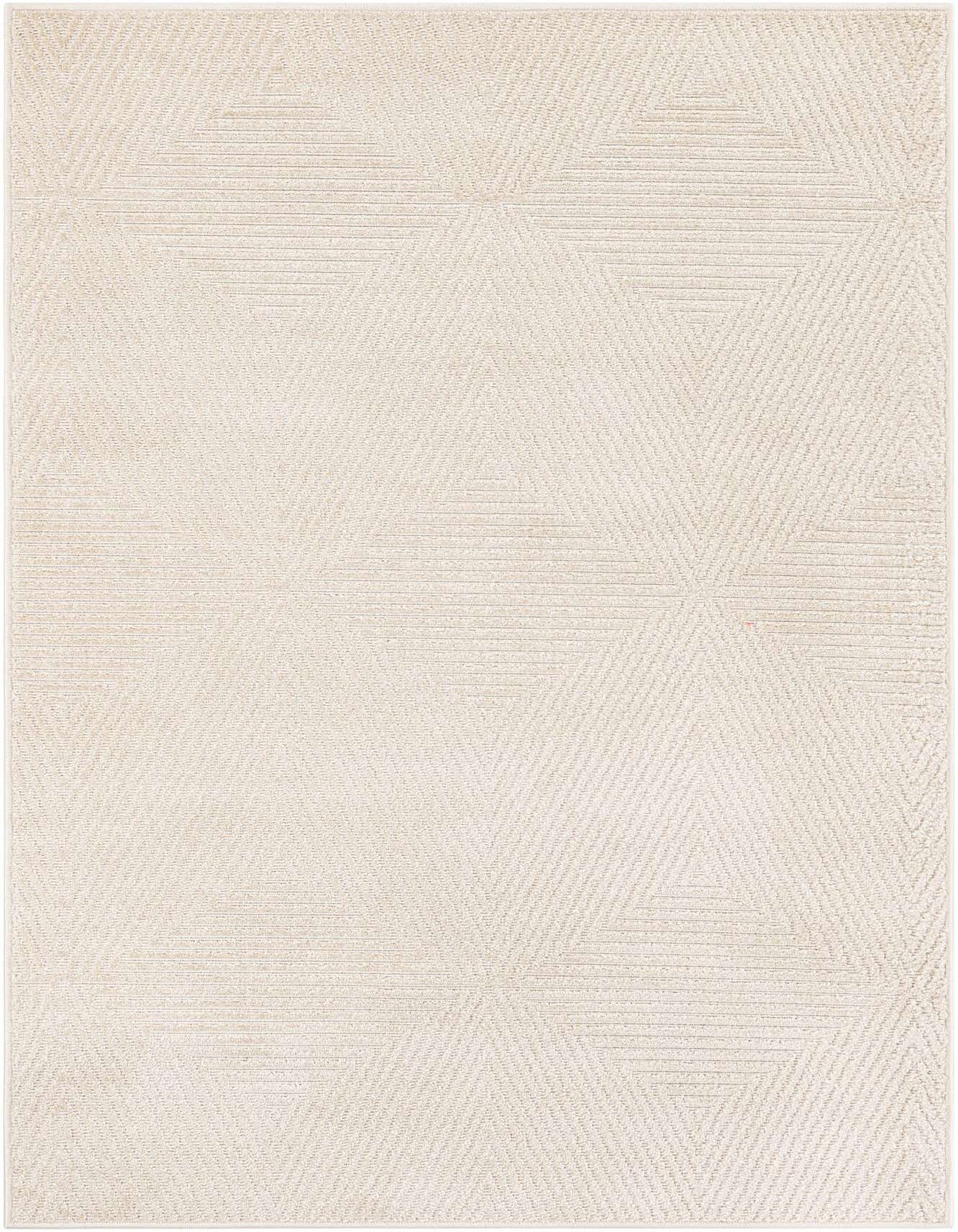 A 4x6 rectangular indoor/outdoor rug with a modern geometric pattern in light brown and cream, featuring textured triangles.