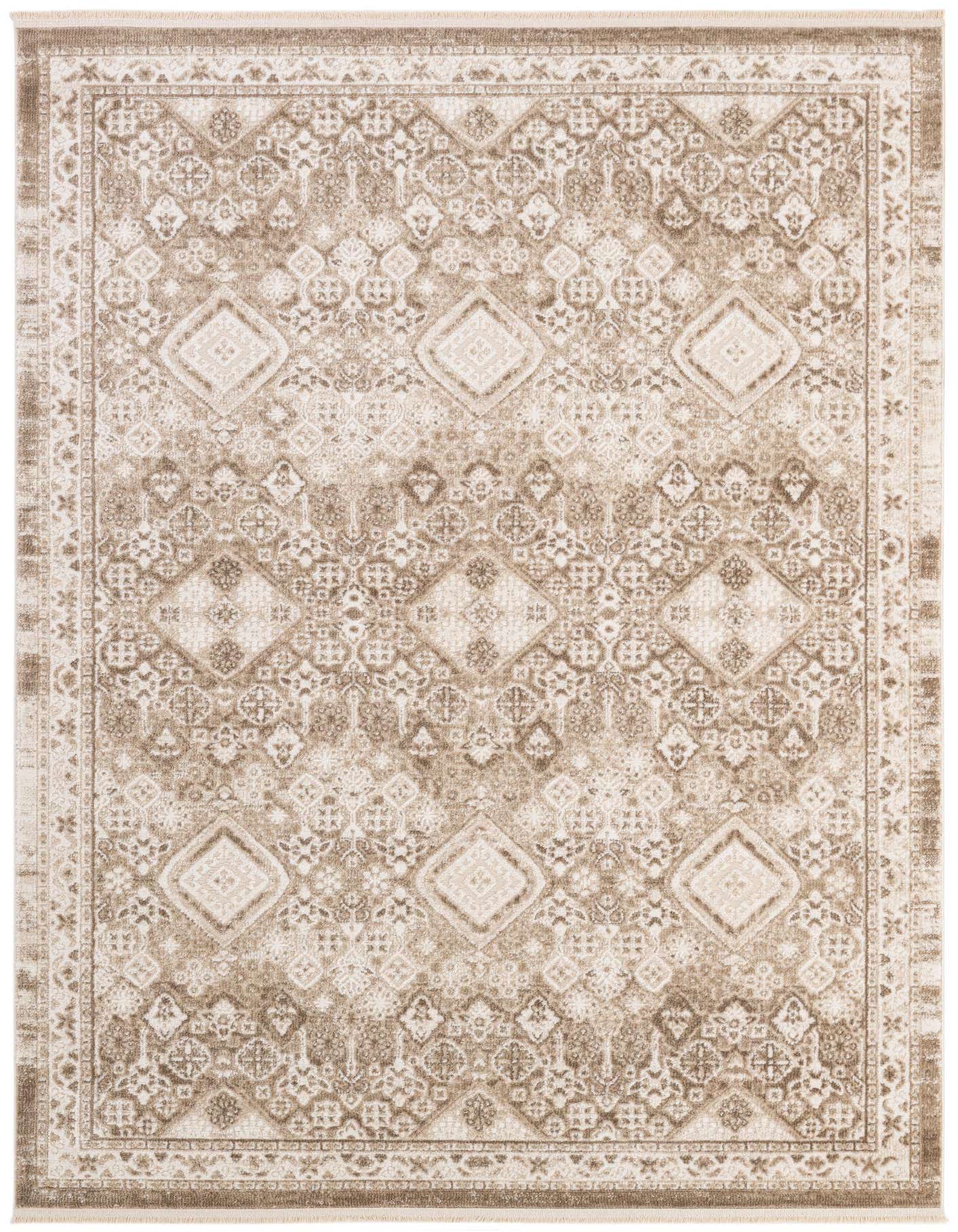 A 5x8 rectangular Santiago rug featuring a distressed modern oriental pattern in shades of brown and ivory.