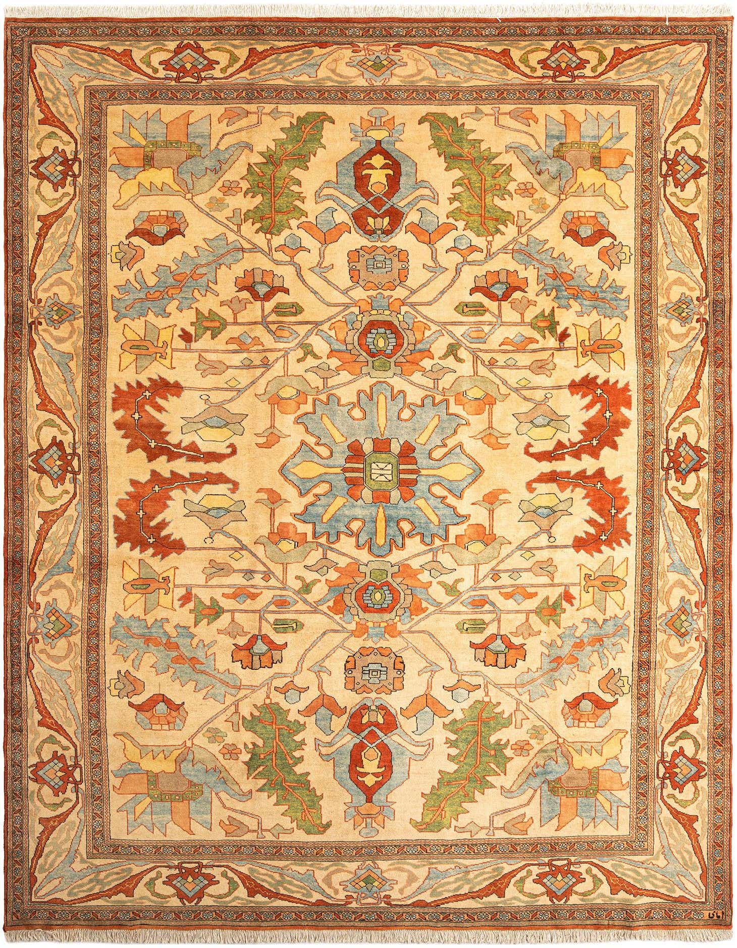 A 10x14 rectangular Persian wool rug featuring a central medallion and intricate floral patterns in browns, tans, ivories, creams, and light blues.