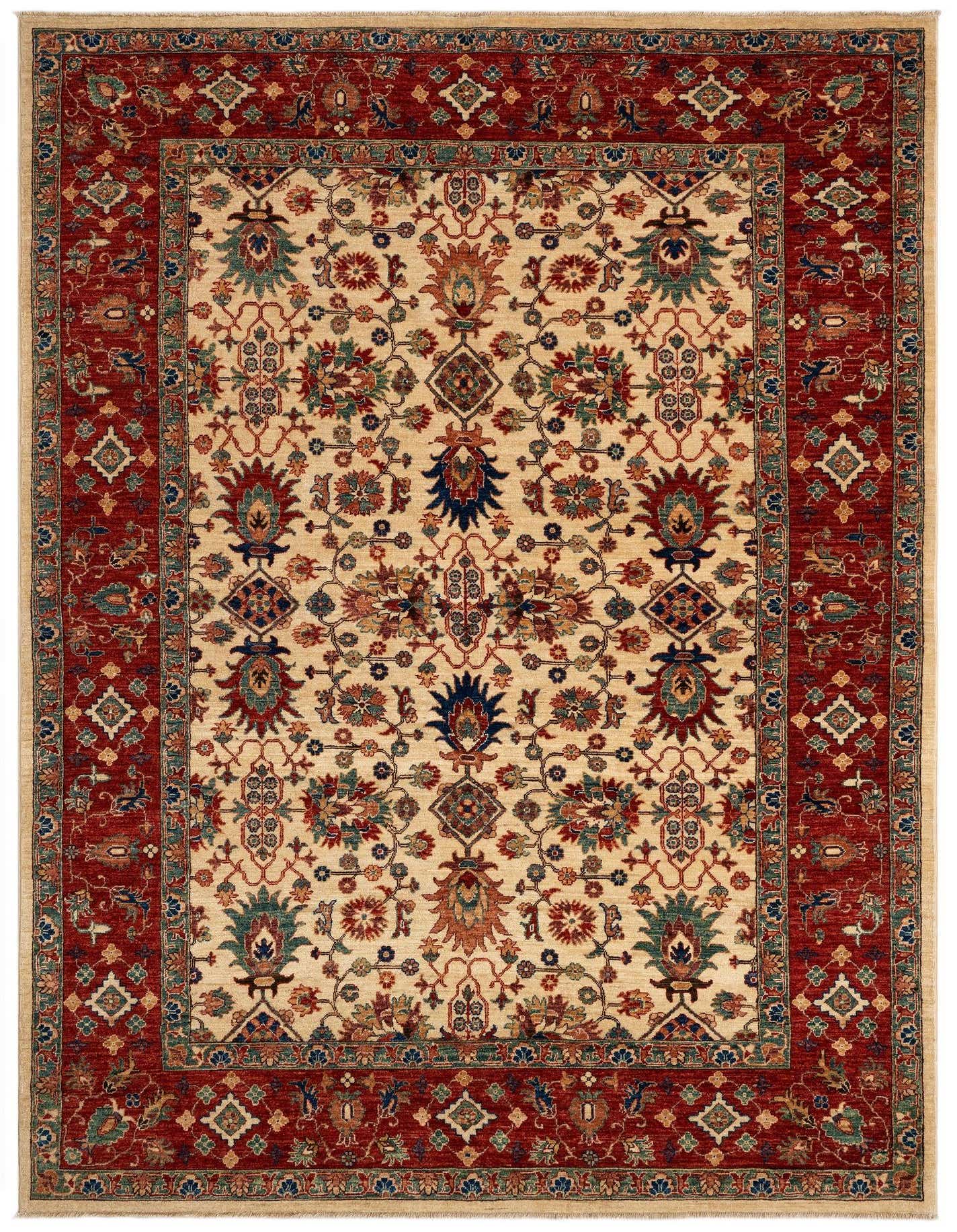 A 5x8 rectangular Persian rug with a cream and tan field, intricate floral patterns in blue, green, and rust, and a rich red border.