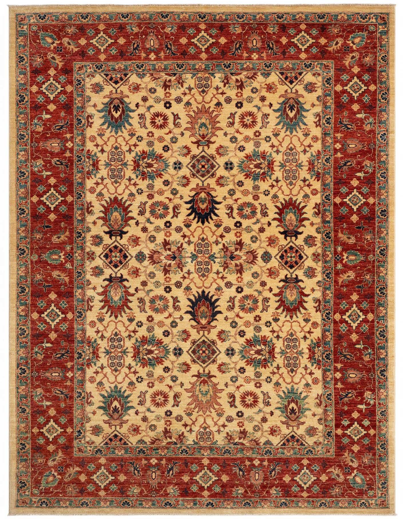 A 5x8 rectangular Persian rug with a cream field and an intricate floral and medallion pattern in brown, ivory, and teal, framed by a rich red border.