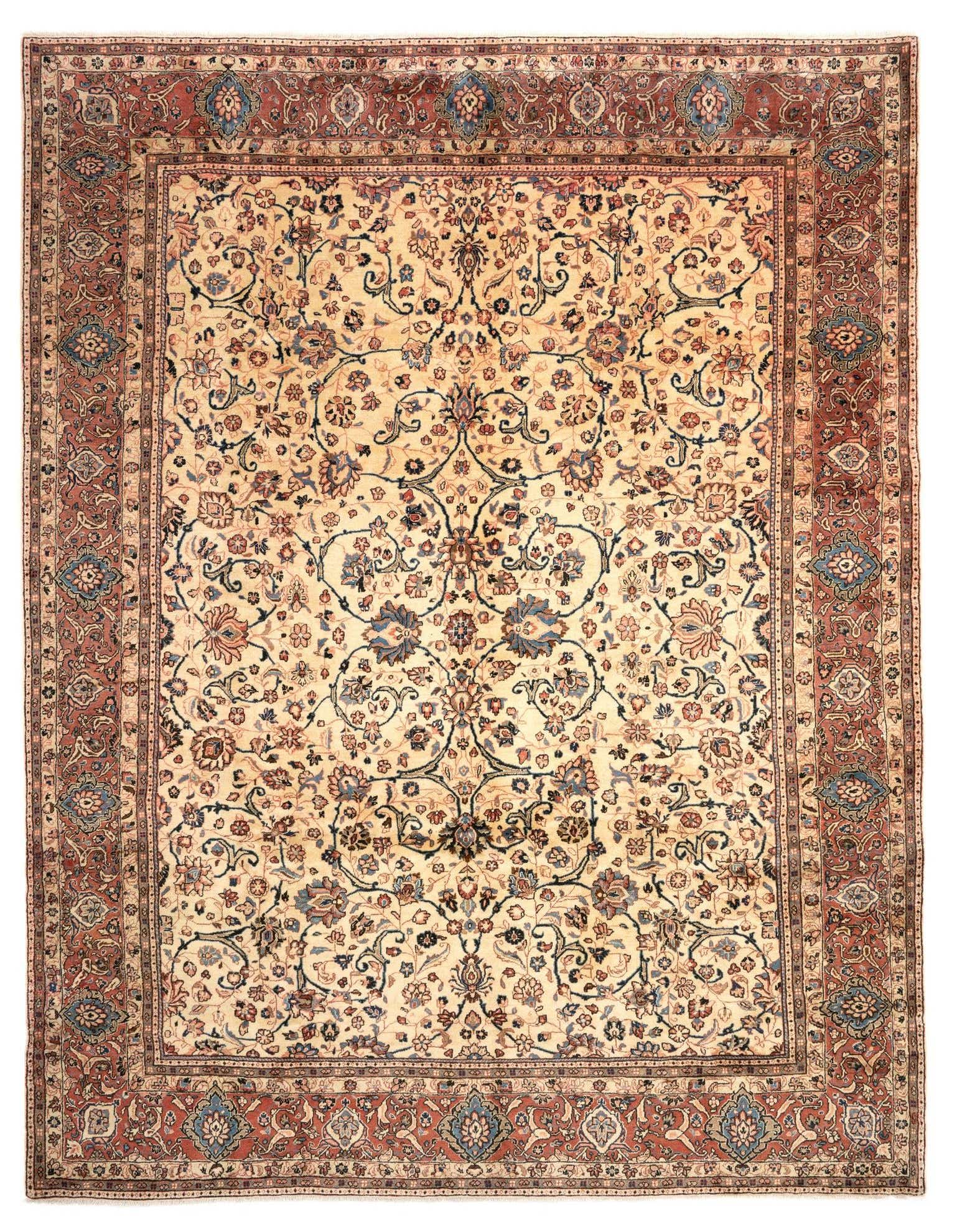A 9x12 rectangular Sarough Persian rug with a cream field and intricate floral patterns in brown, tan, and blue, framed by a wide brown border.