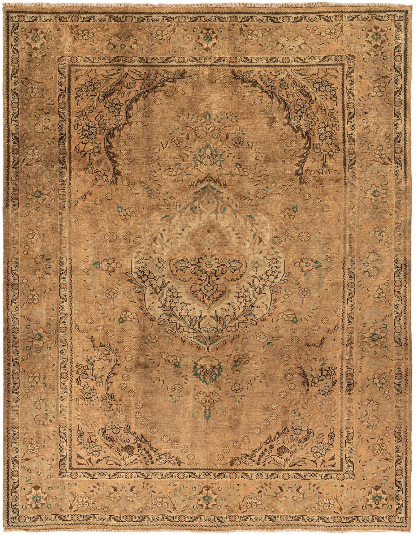 A 7x10 rectangular brown Persian wool rug with a traditional medallion pattern and floral motifs, ideal for a living room.