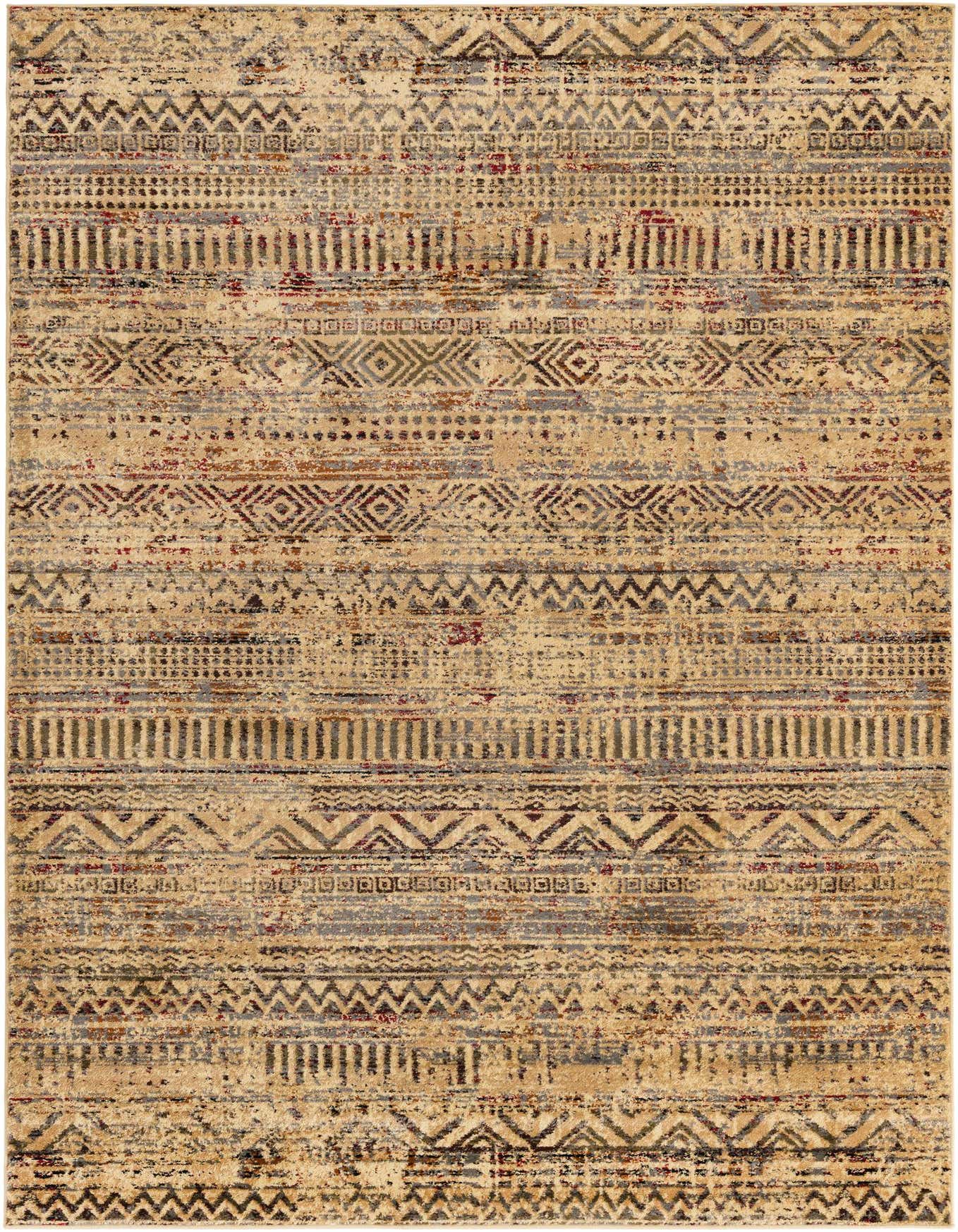 A 6x9 rectangular Saturn collection rug featuring a distressed tribal stripe pattern in browns, tans, and creams, ideal for a living room.